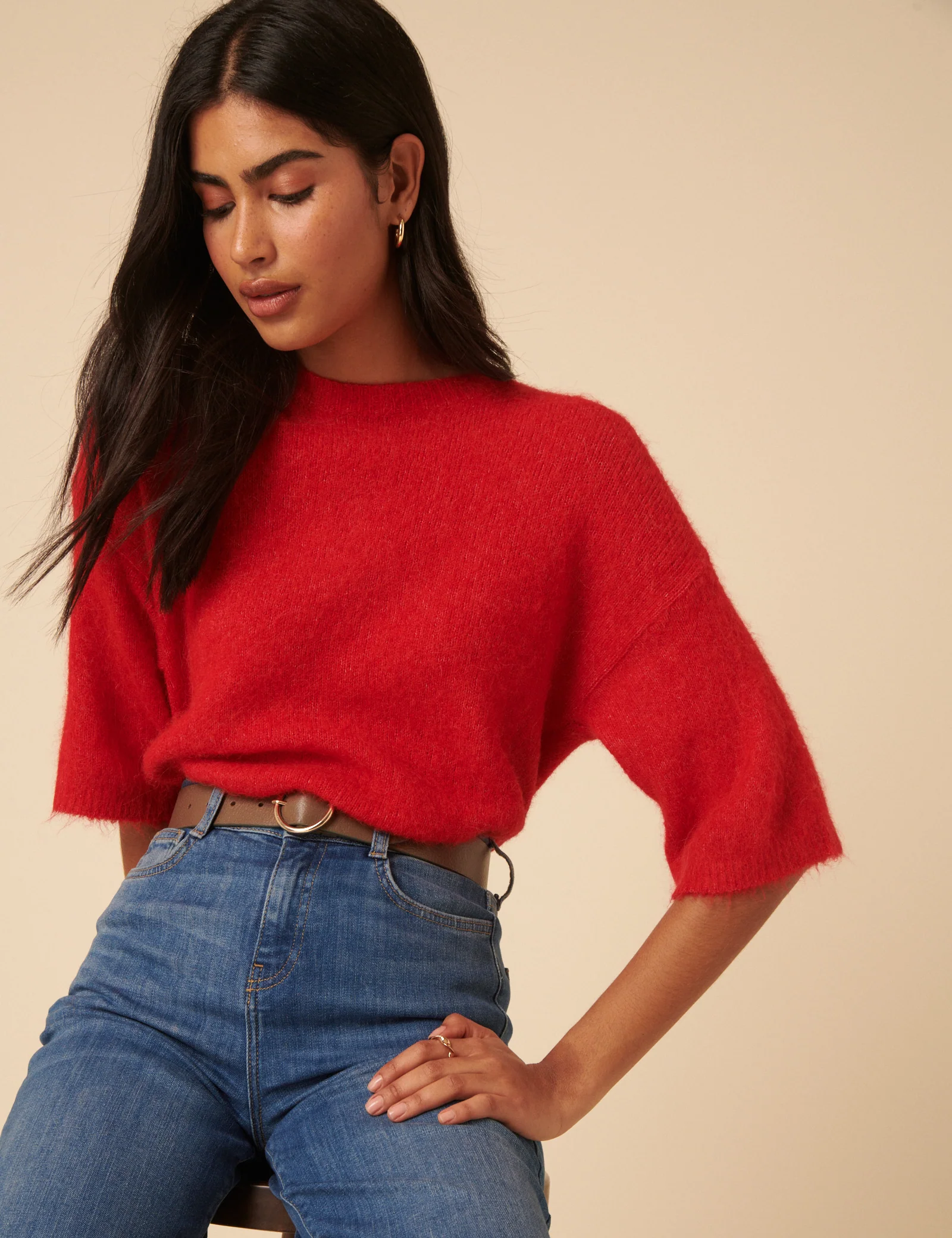 Red Fluffy Alpaca and Wool Blend Oversized Short Sleeve Jumper - Image 5