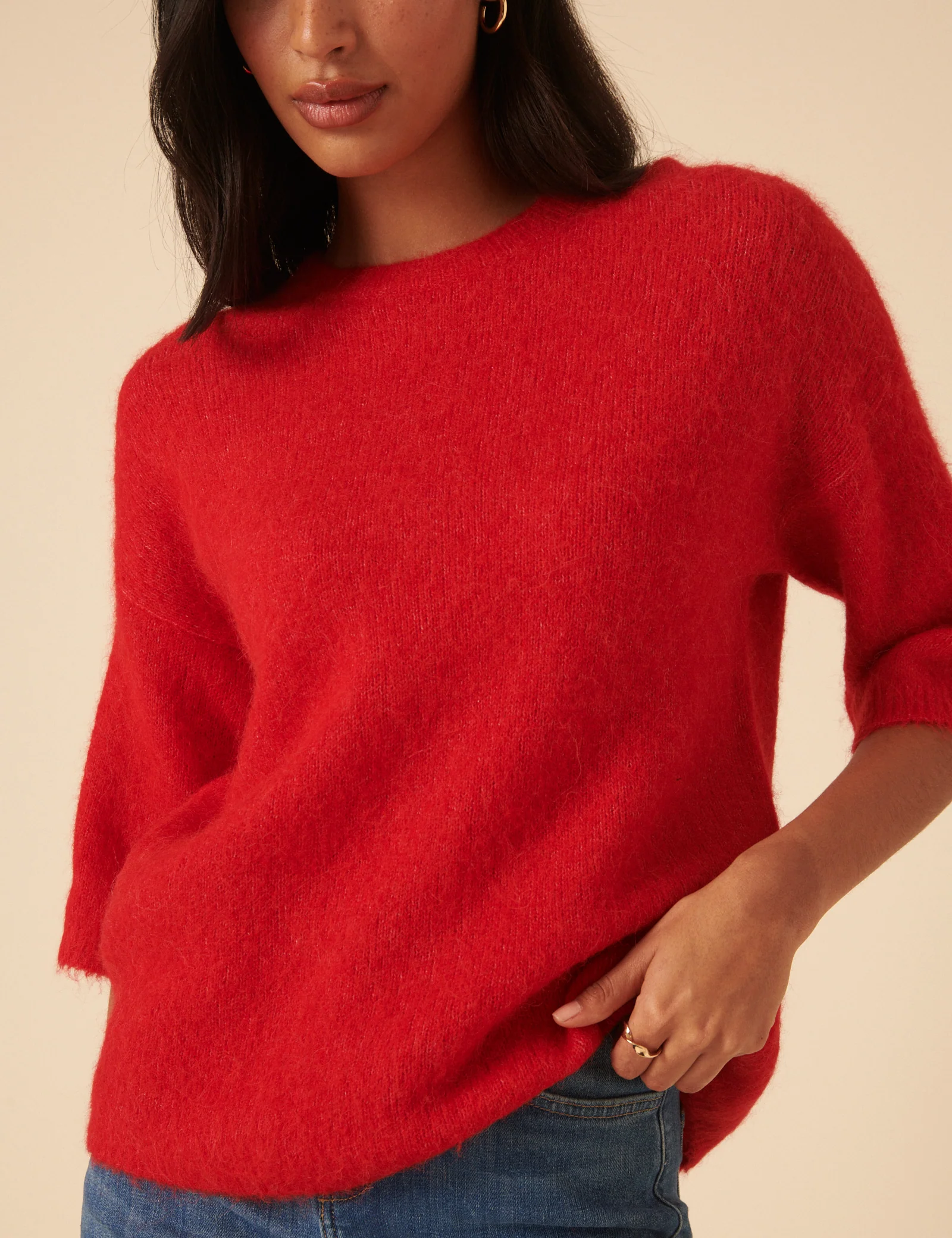 Red Fluffy Alpaca and Wool Blend Oversized Short Sleeve Jumper - Image 6