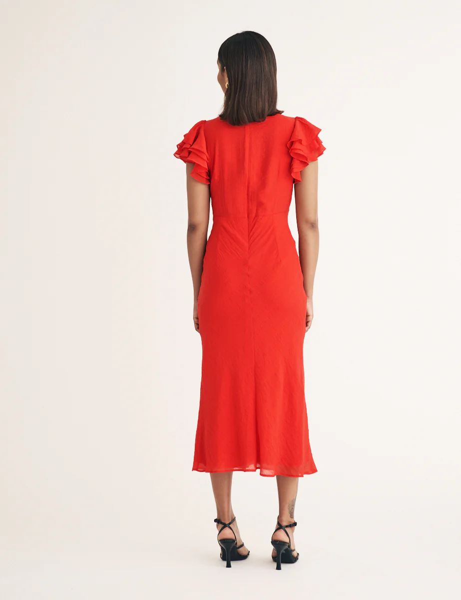 Red Frill Sleeve Layla Midi Dress - Image 5