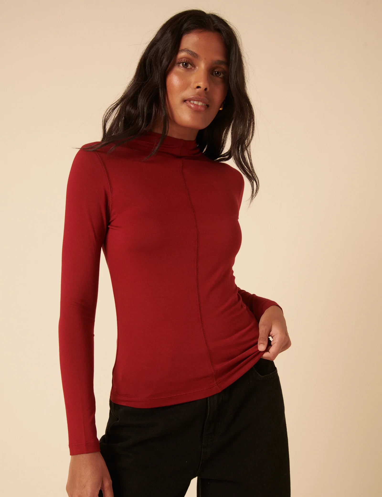 Red Long Sleeve High Neck Jersey Top - Image 3