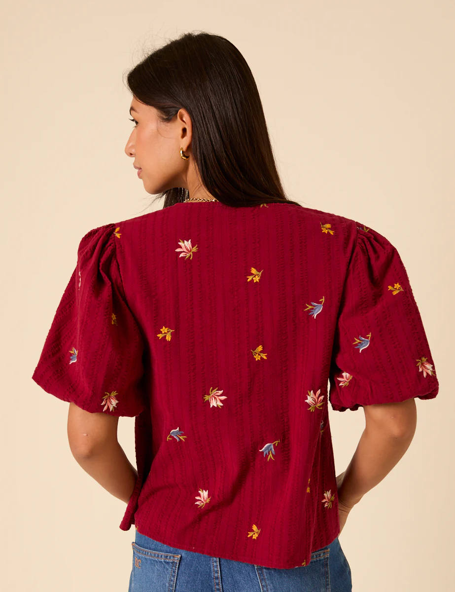 Red Puff Sleeve Embroidered Blouse - Image 5