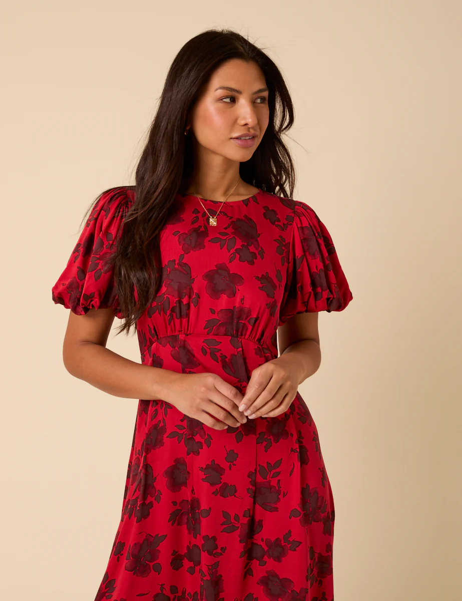 Red Puff Sleeve Quinn Midi Dress - Image 2