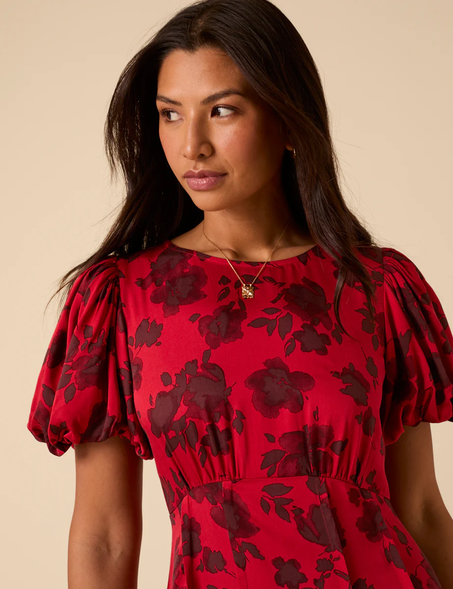 Red Puff Sleeve Quinn Midi Dress - Image 4