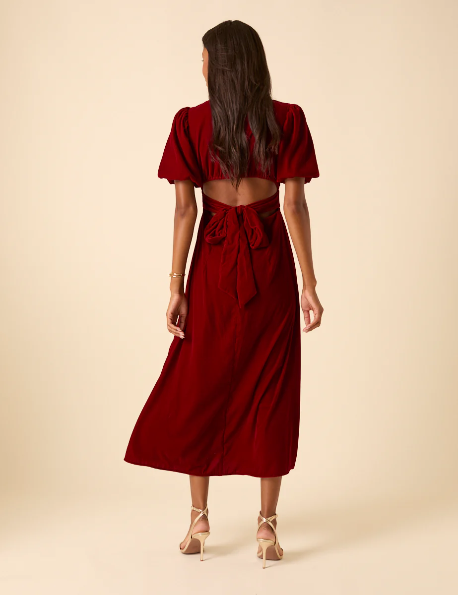Red Velvet Puff Sleeve Zoi Midi Dress - Image 5