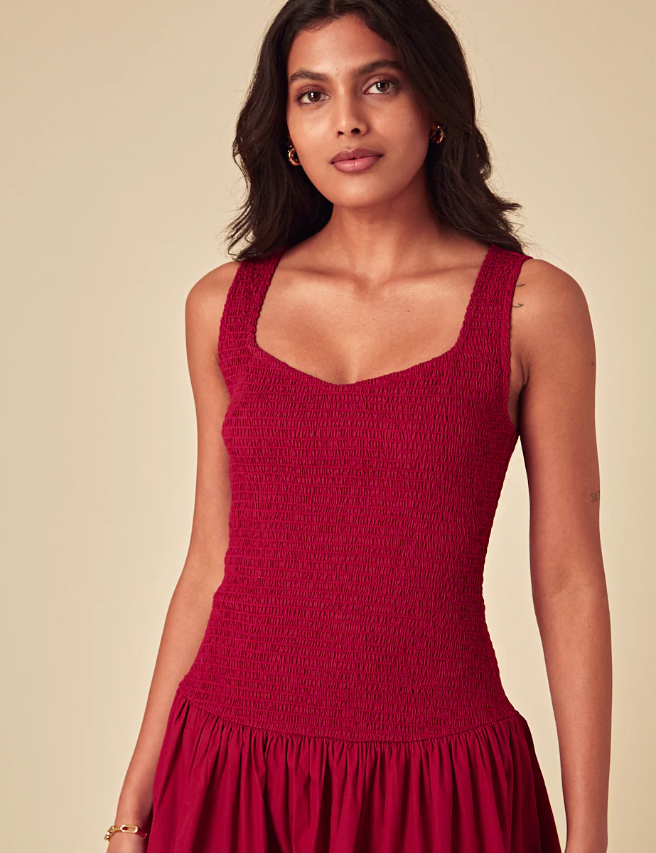 Red Ruched Drop Waist Thalia Midi Dress - Image 2