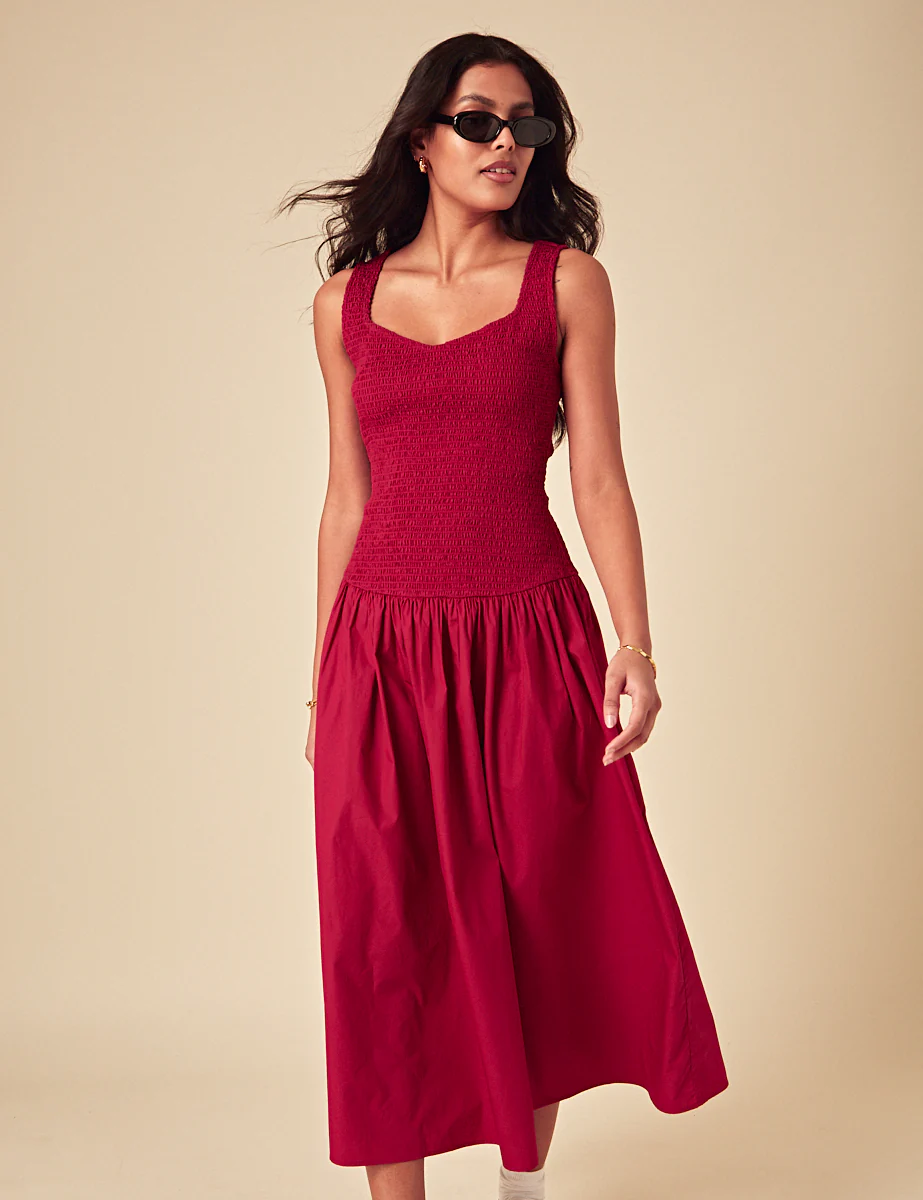 Red Ruched Drop Waist Thalia Midi Dress - Image 3