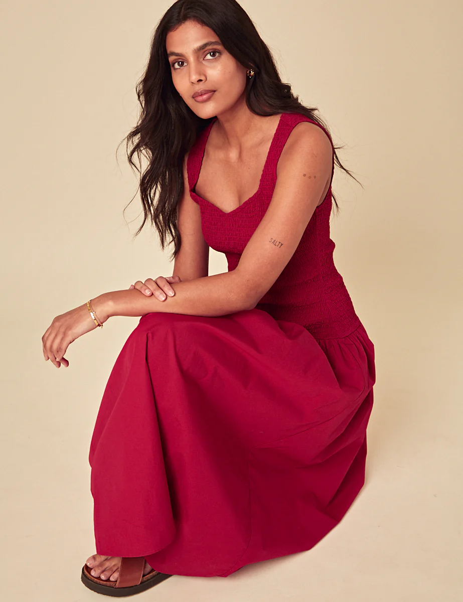 Red Ruched Drop Waist Thalia Midi Dress - Image 4