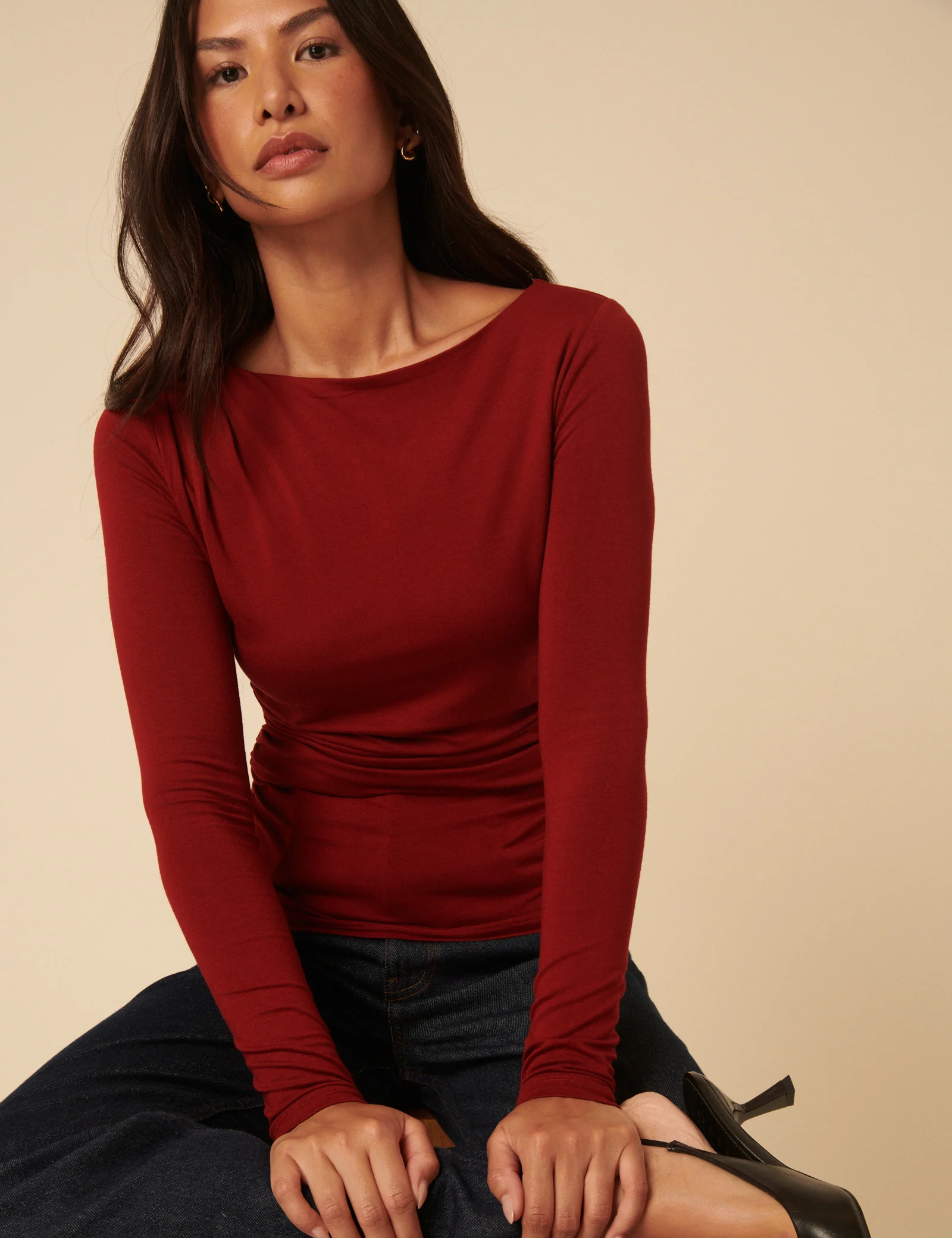 Red Ruched Long Sleeve Jersey Top - Image 3