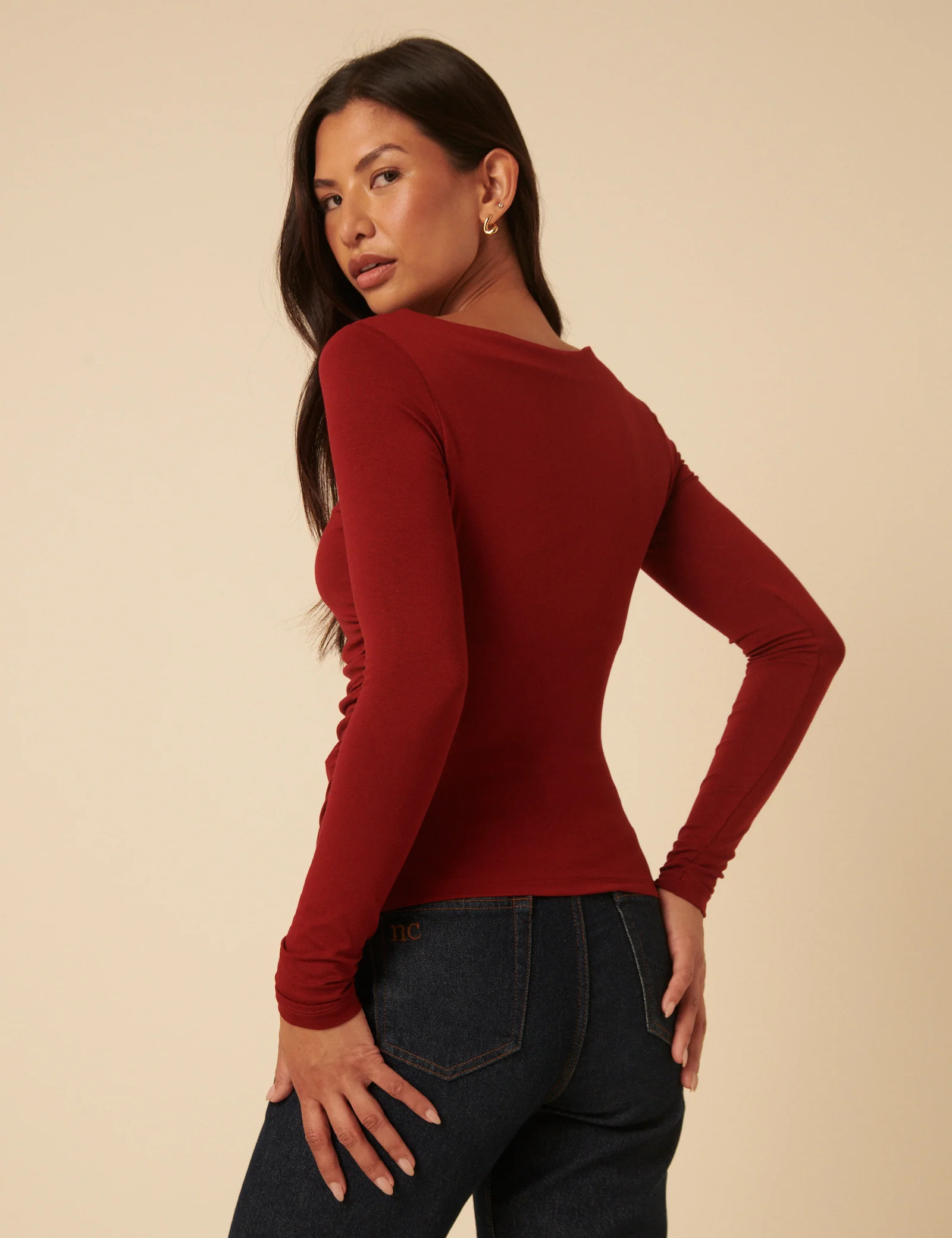 Red Ruched Long Sleeve Jersey Top - Image 5