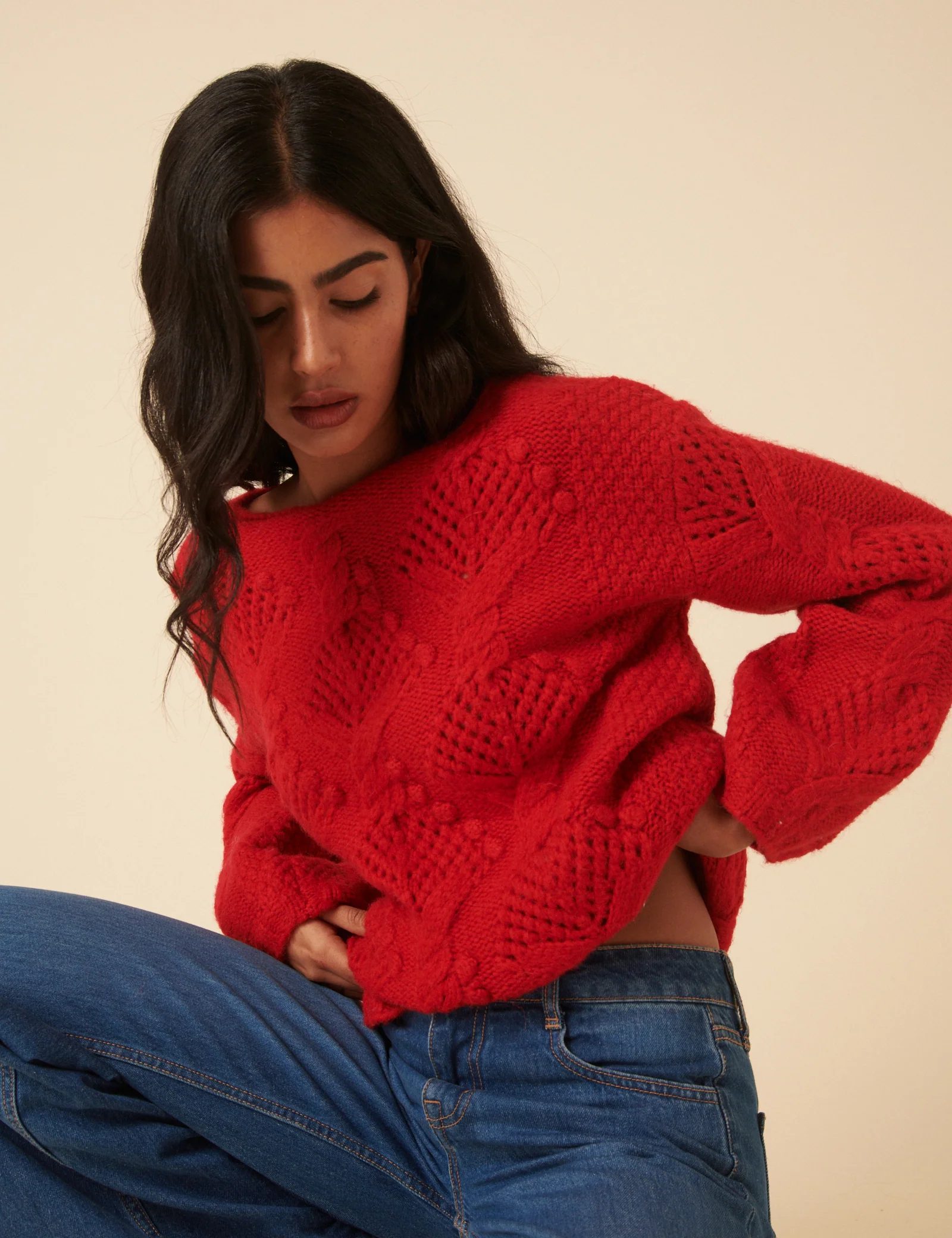 Red Slash Neck Bobble Stitch Oversized Jumper - Image 3