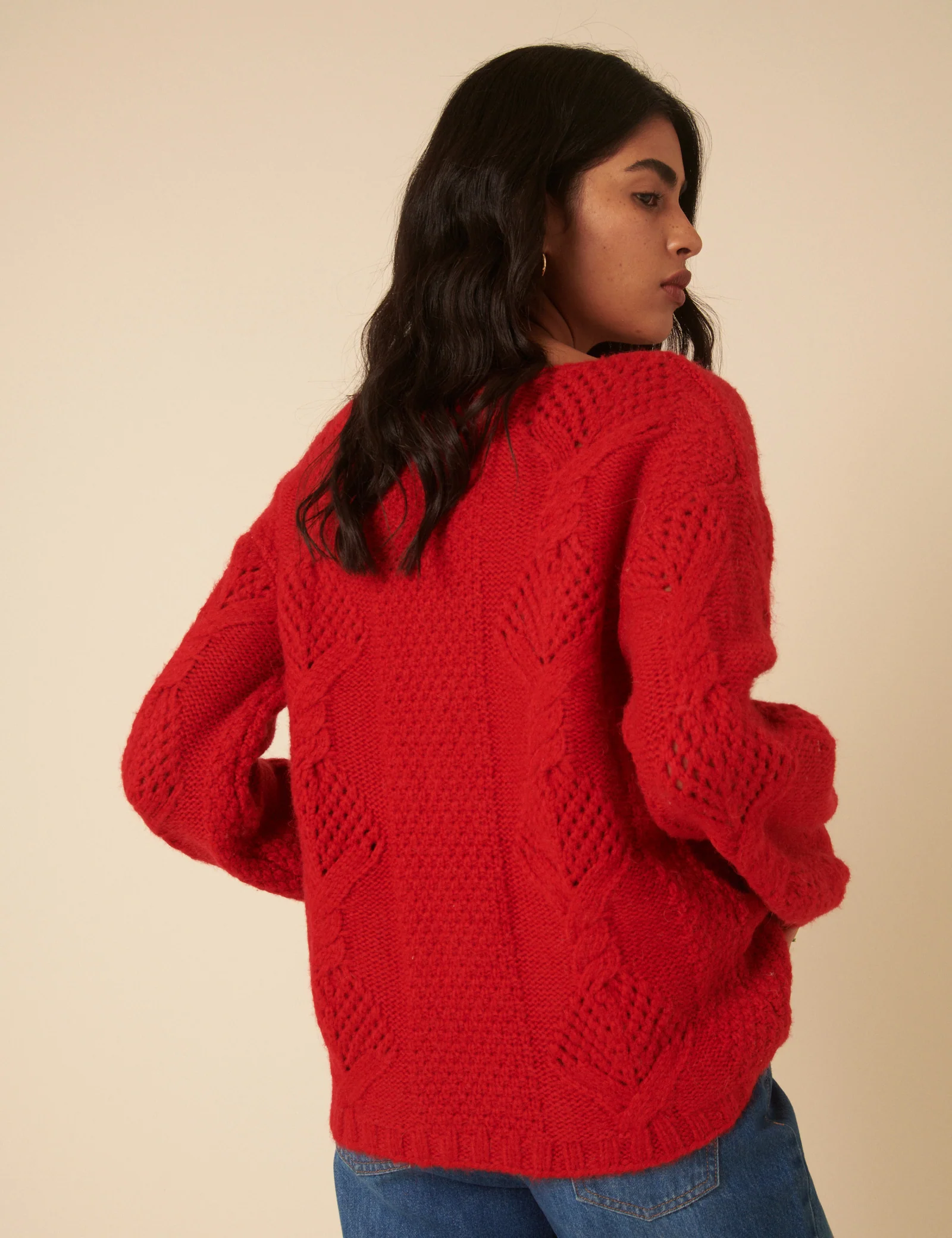 Red Slash Neck Bobble Stitch Oversized Jumper - Image 5