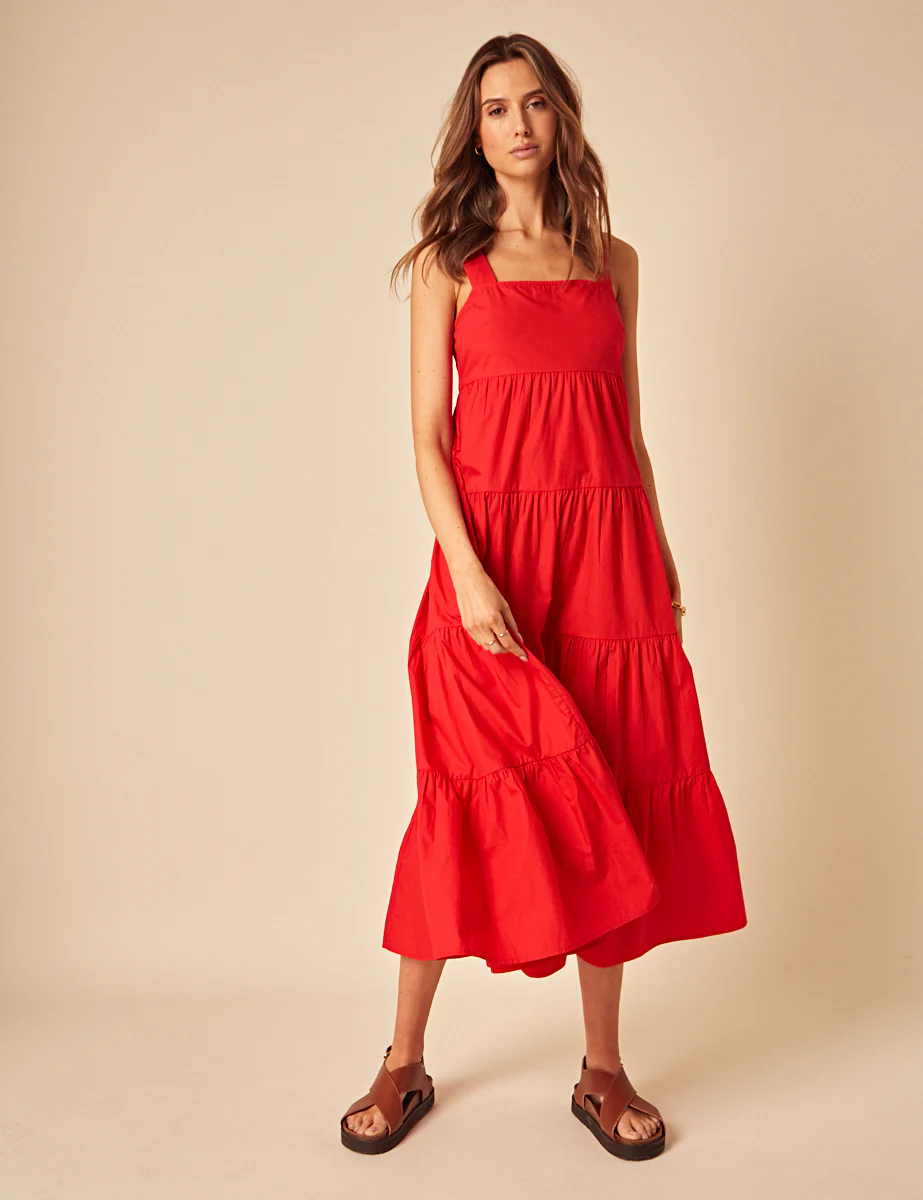 Red Tiered Cassia Midi Dress - Image 4