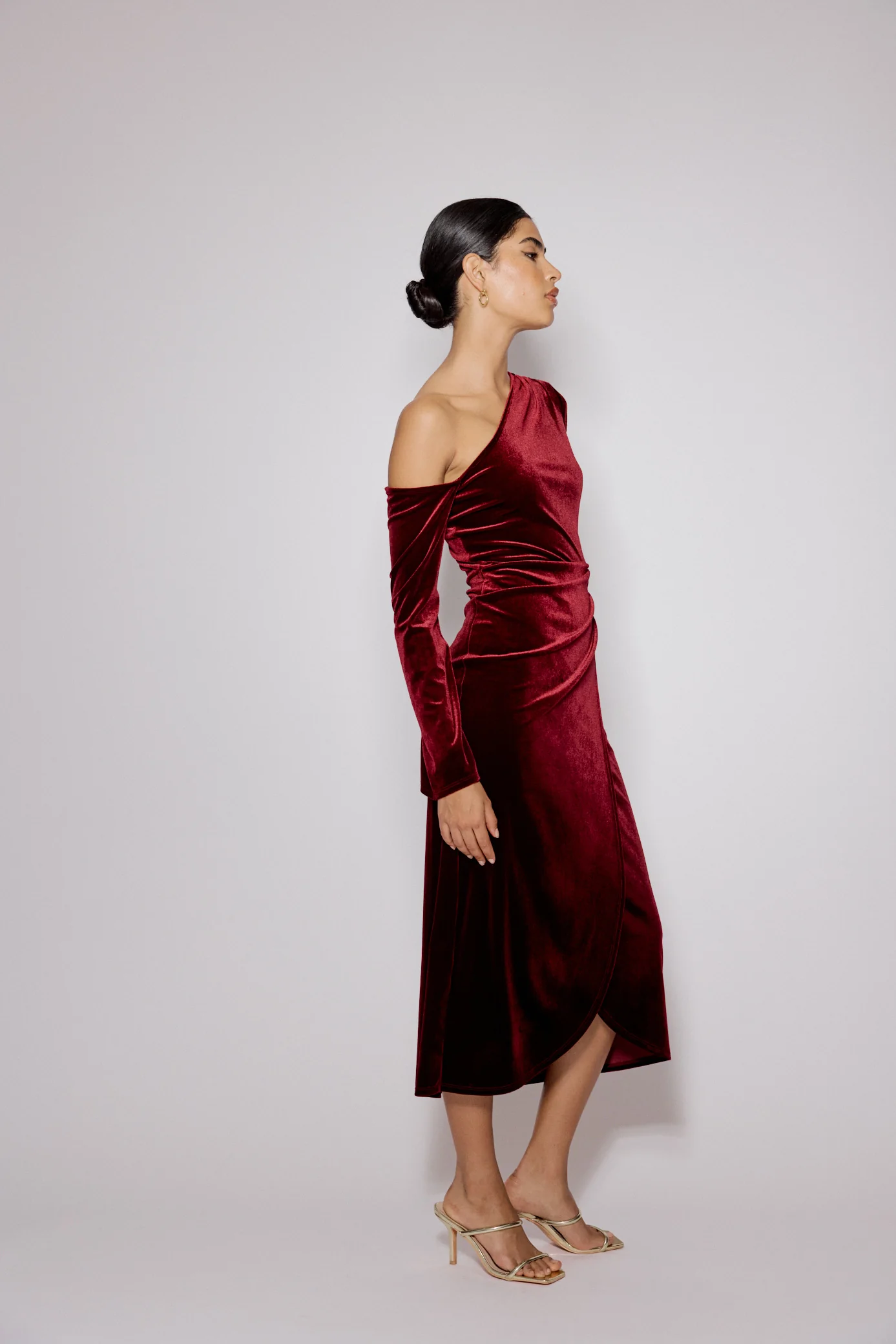 Red Velvet Asymmetric Virgo Midi Dress - Image 6