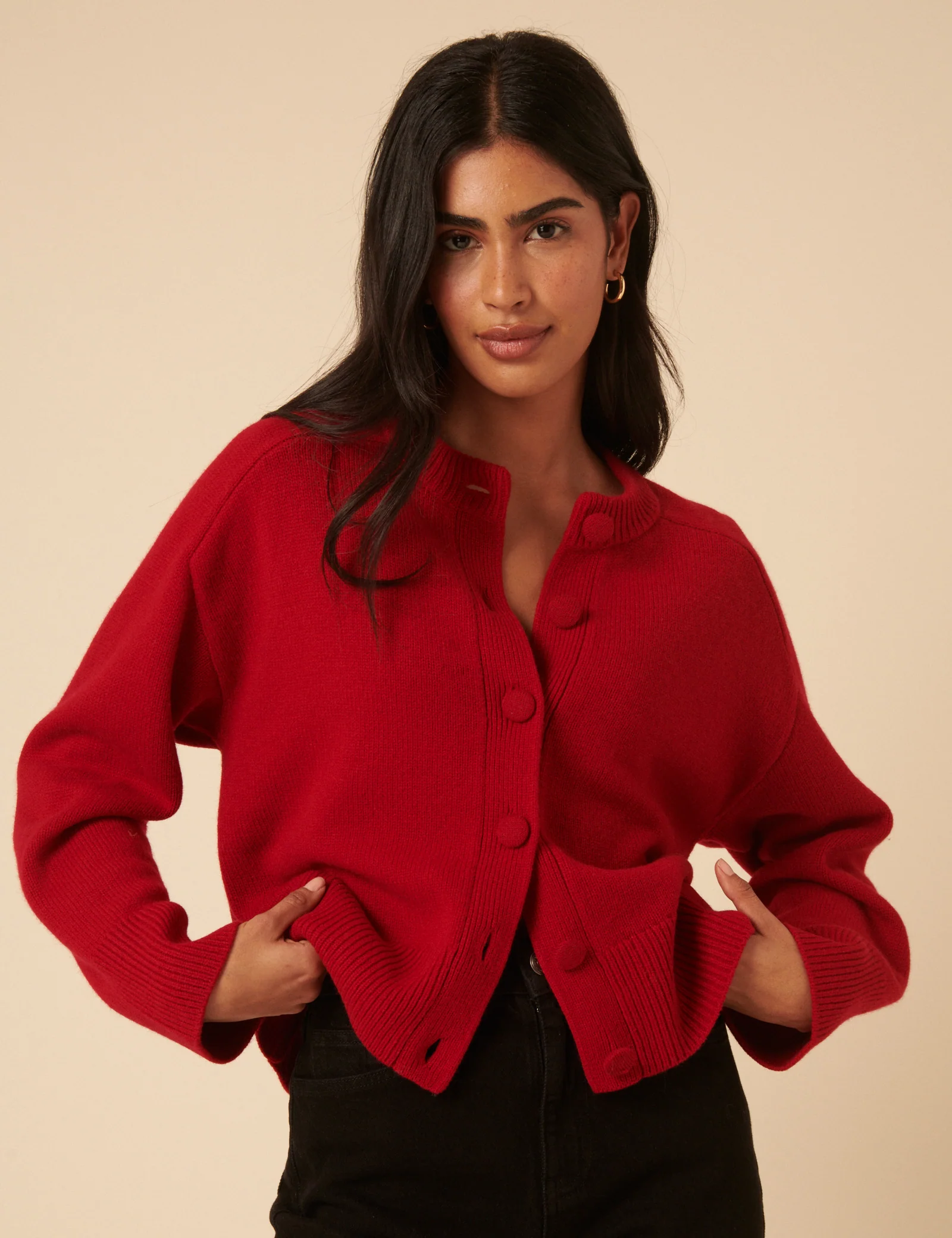 Red Wool Crew Neck Cardigan - Image 3