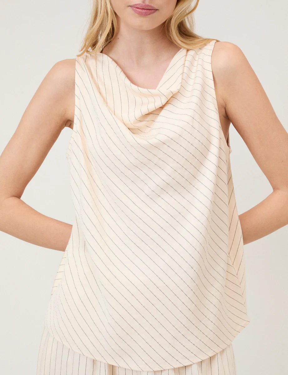 Cream Pinstripe Draped Sleeveless Top - Image 6
