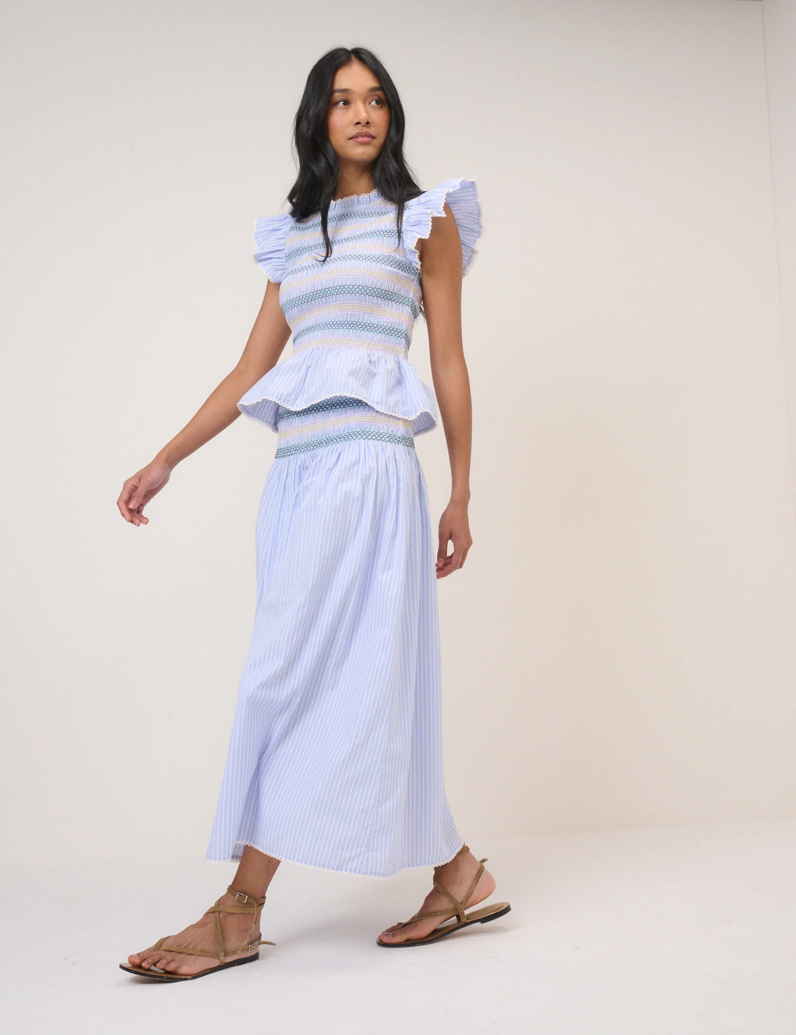 Blue Striped Shirred Waist Midi Skirt - Image 2