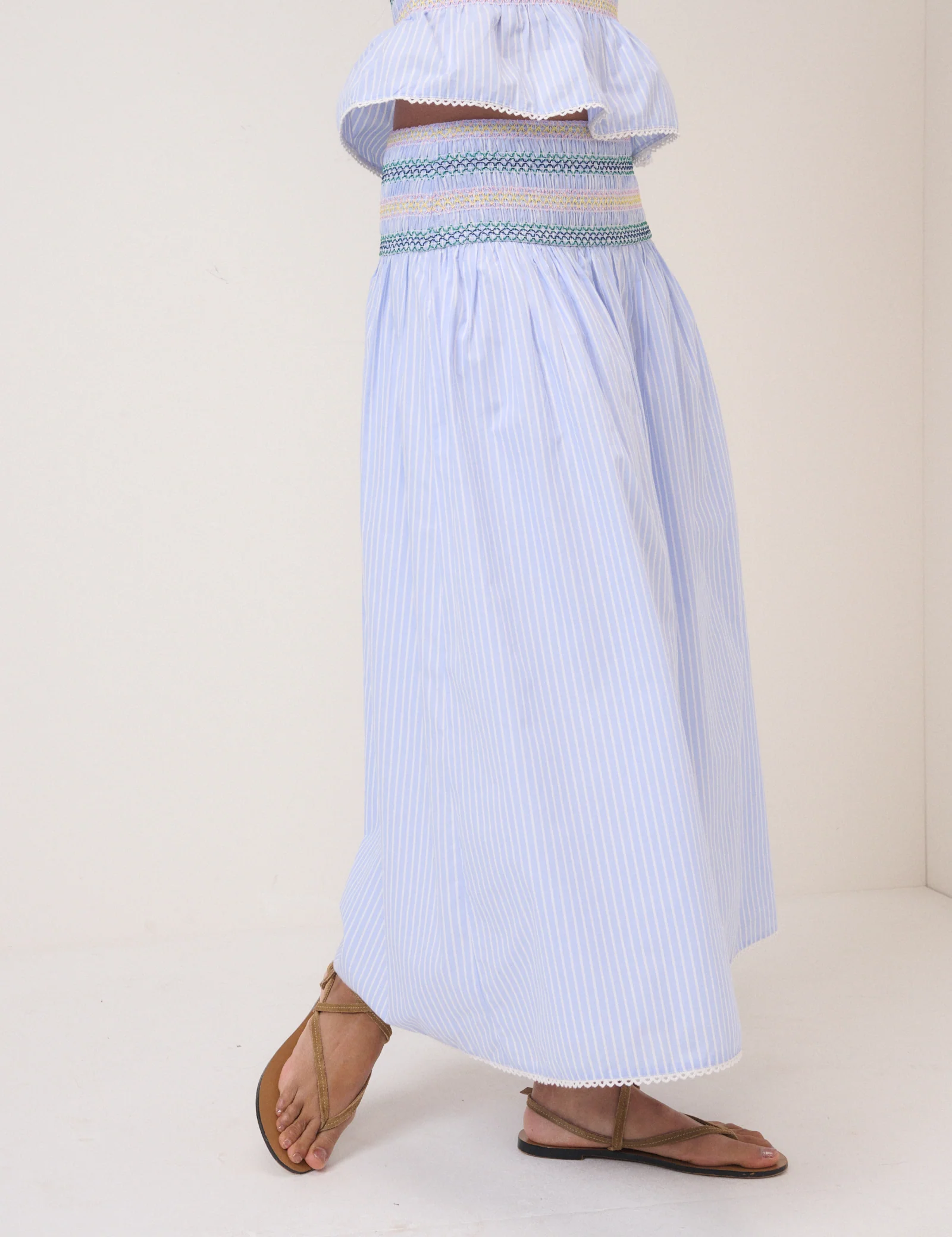 Blue Striped Shirred Waist Midi Skirt - Image 3