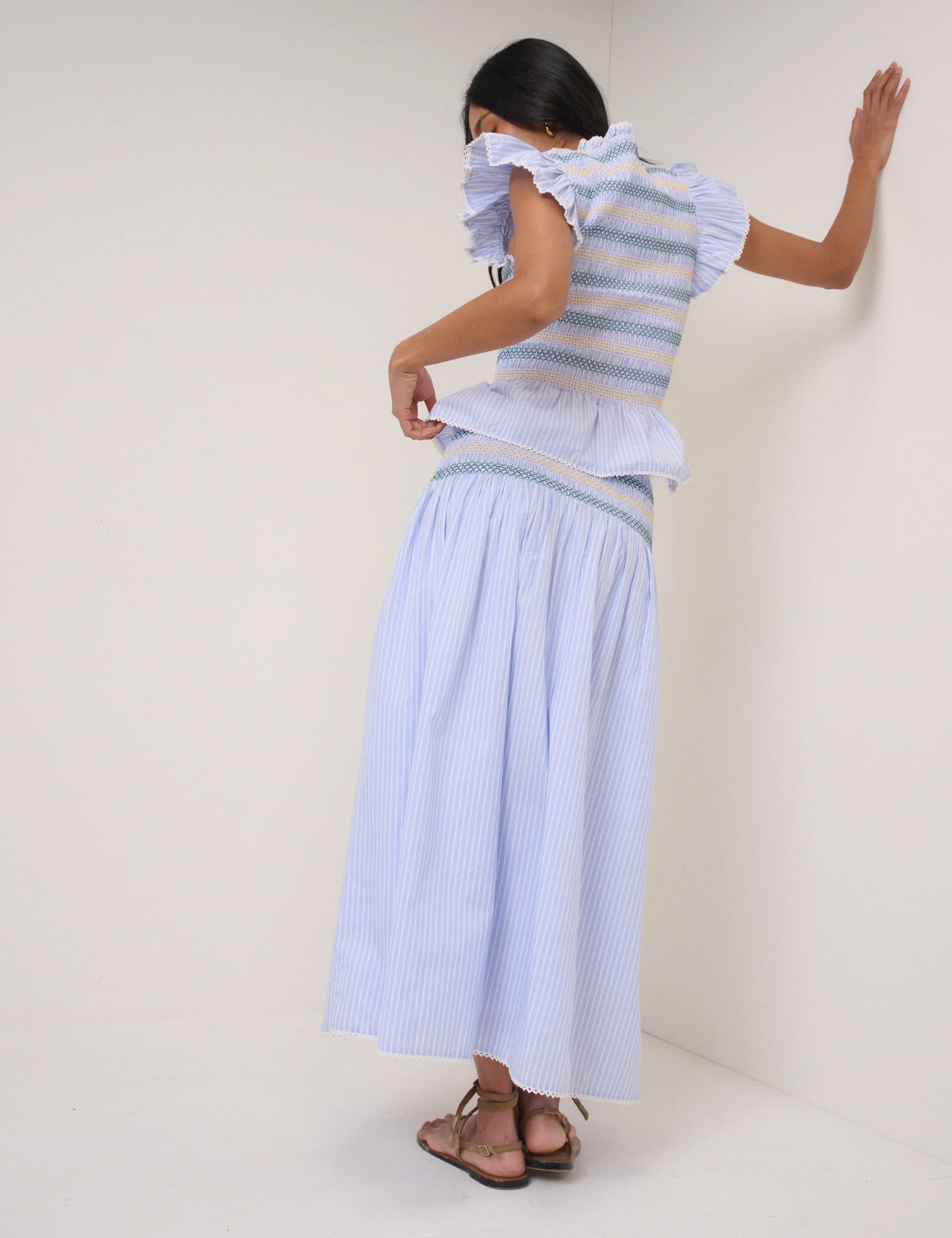 Blue Striped Shirred Waist Midi Skirt - Image 5