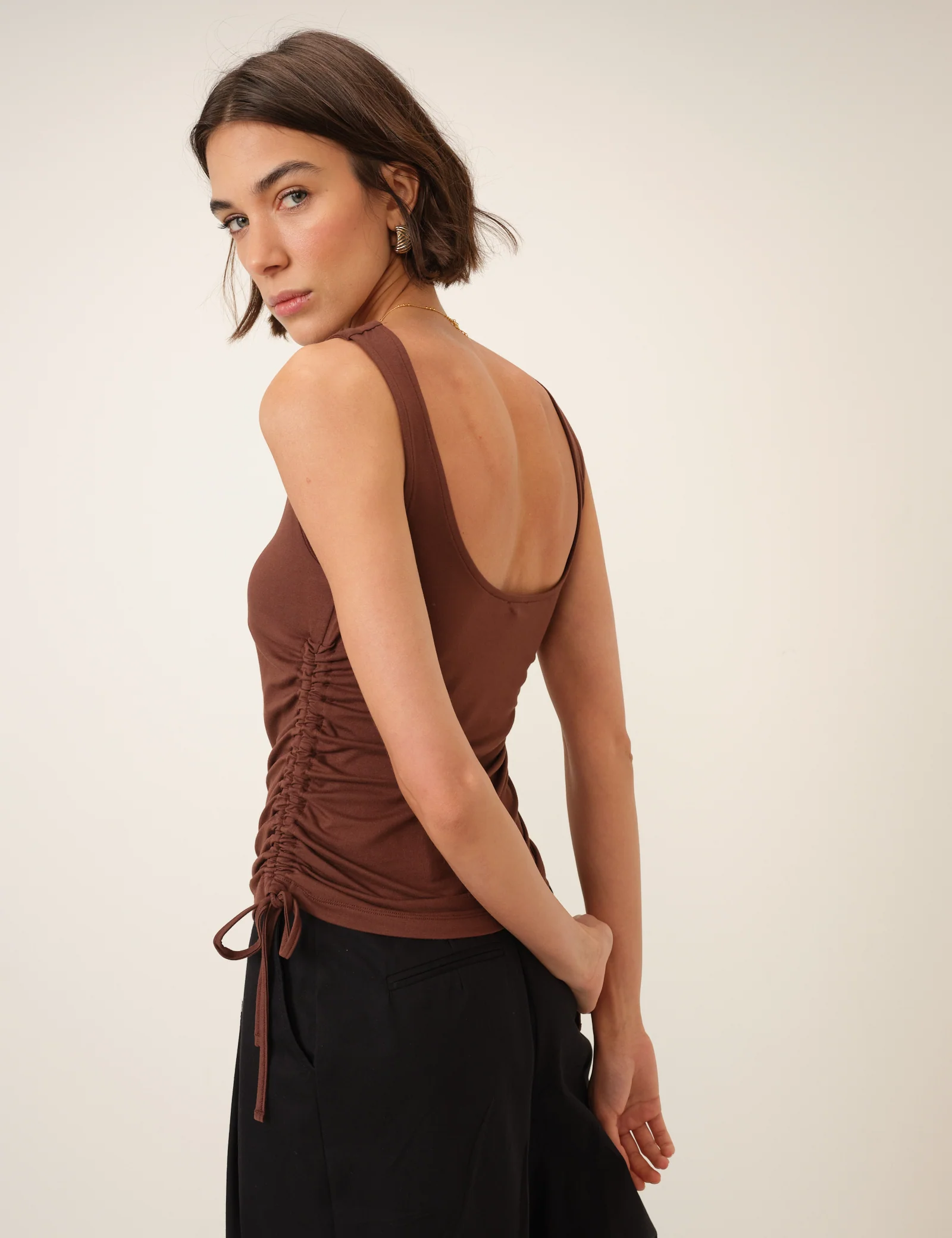 Brown Ruched Side Tie Top - Image 5