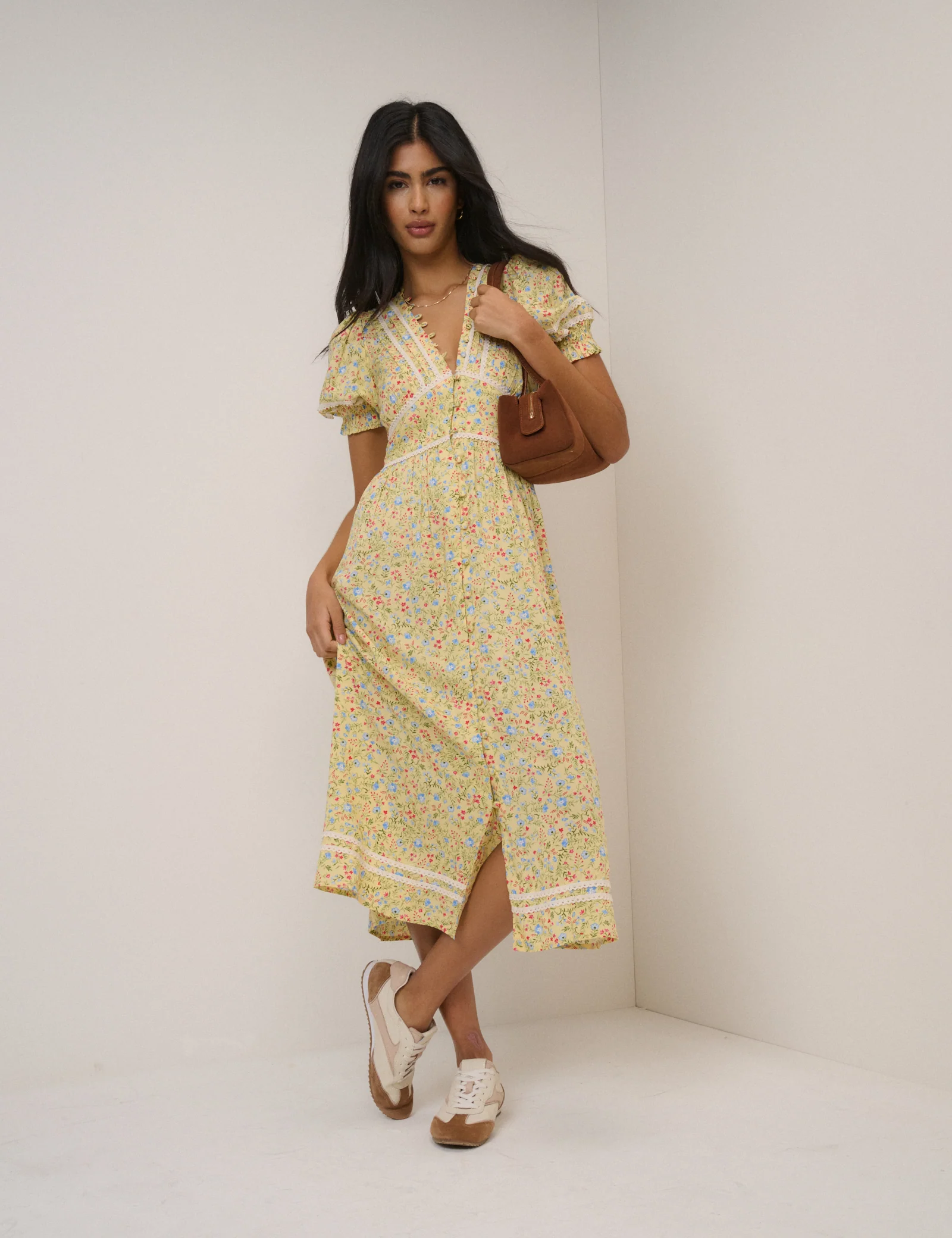 Yellow Ditsy Floral Saffy Midi Tea Dress - Image 3