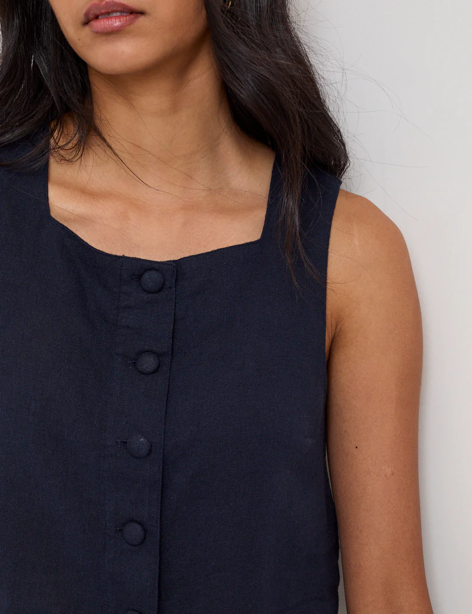 Navy Linen-Blend Button Front Top - Image 3