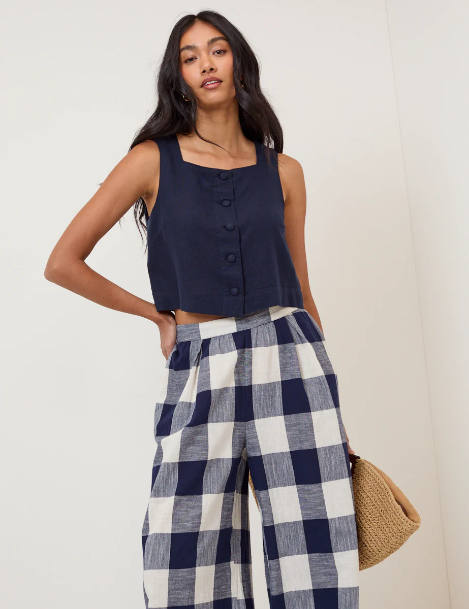 Navy Linen-Blend Button Front Top - Image 4
