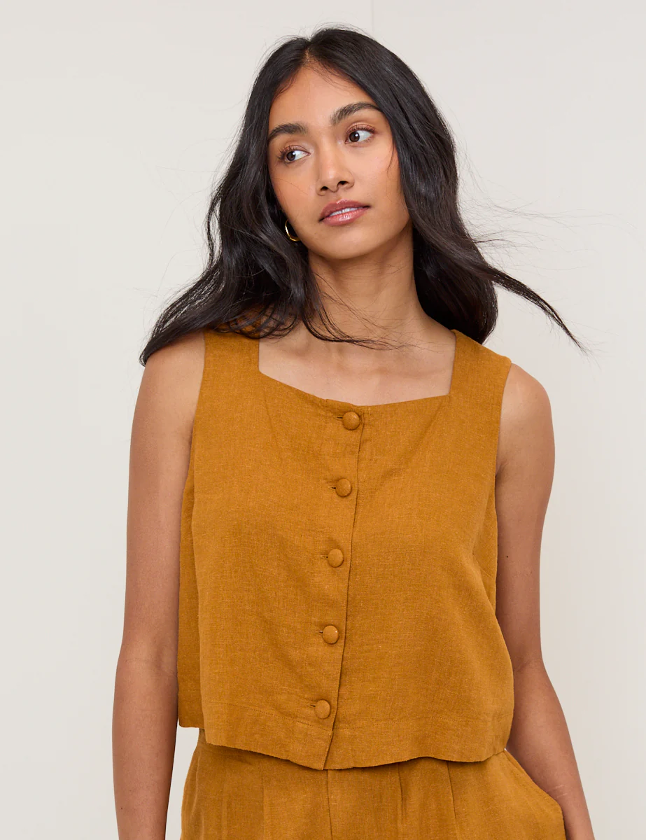 Orange Linen-Blend Button Front Top - Image 4