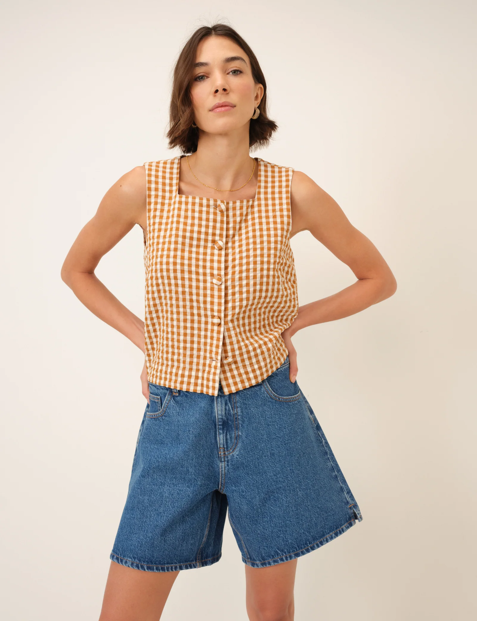 Orange Gingham Button Front Top - Image 3