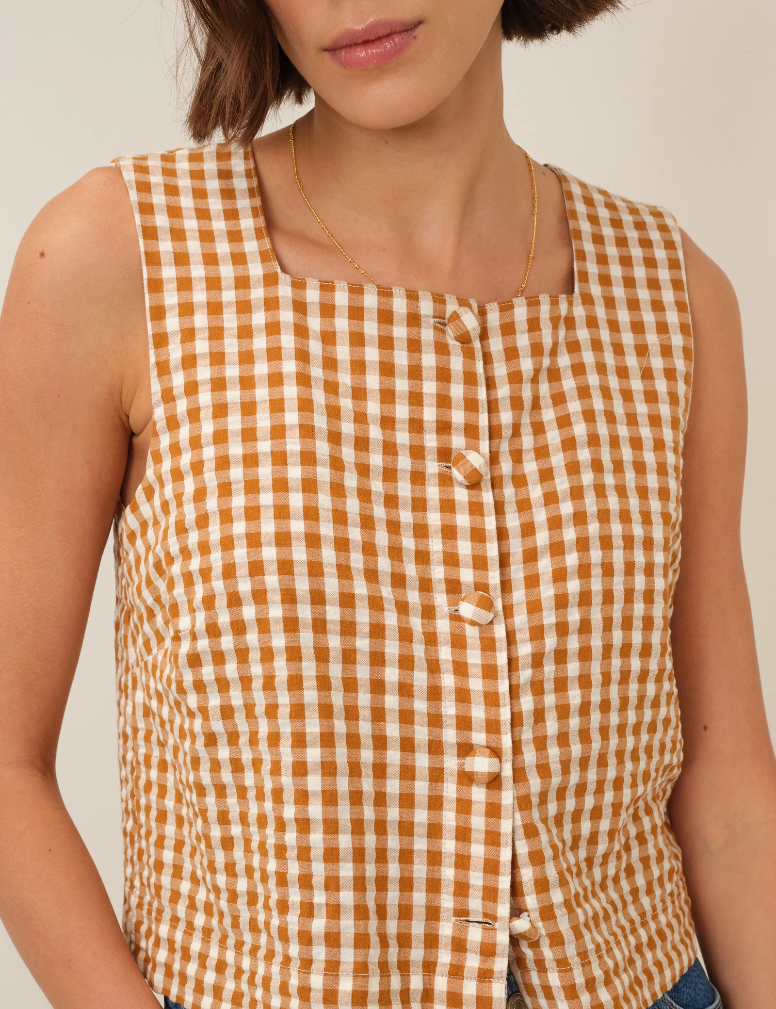 Orange Gingham Button Front Top - Image 4