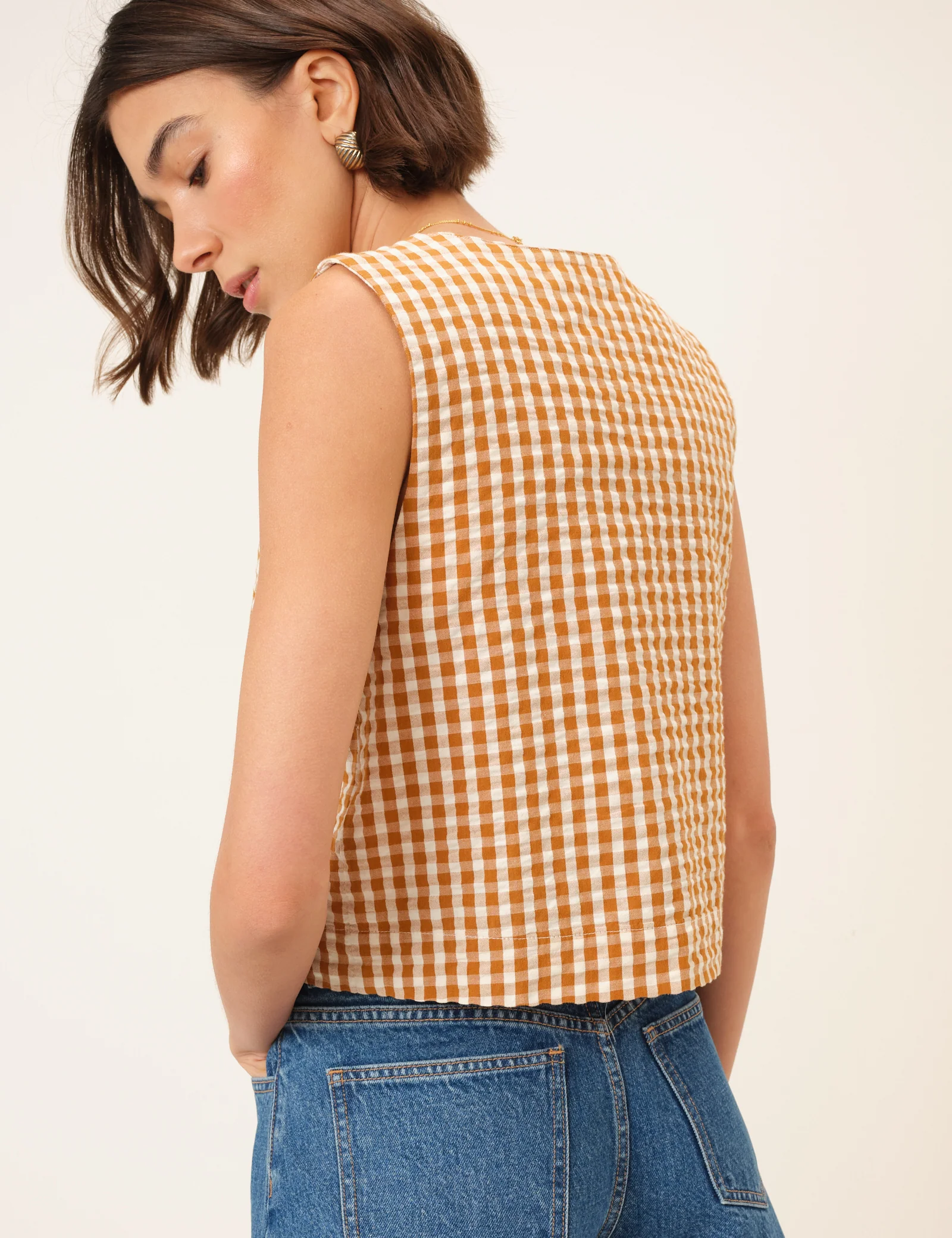 Orange Gingham Button Front Top - Image 5