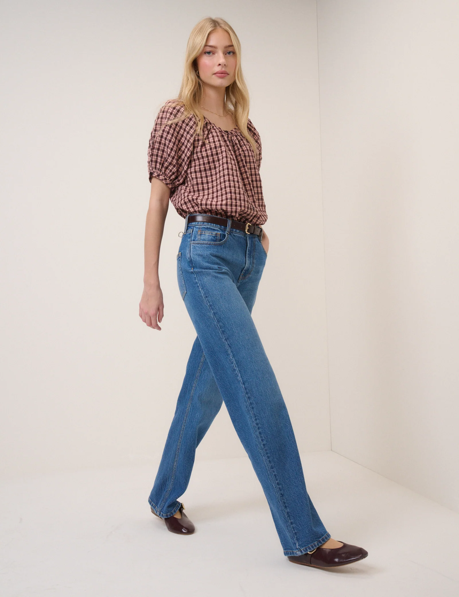 Pink Check Puff Sleeve Button Front Top - Image 3