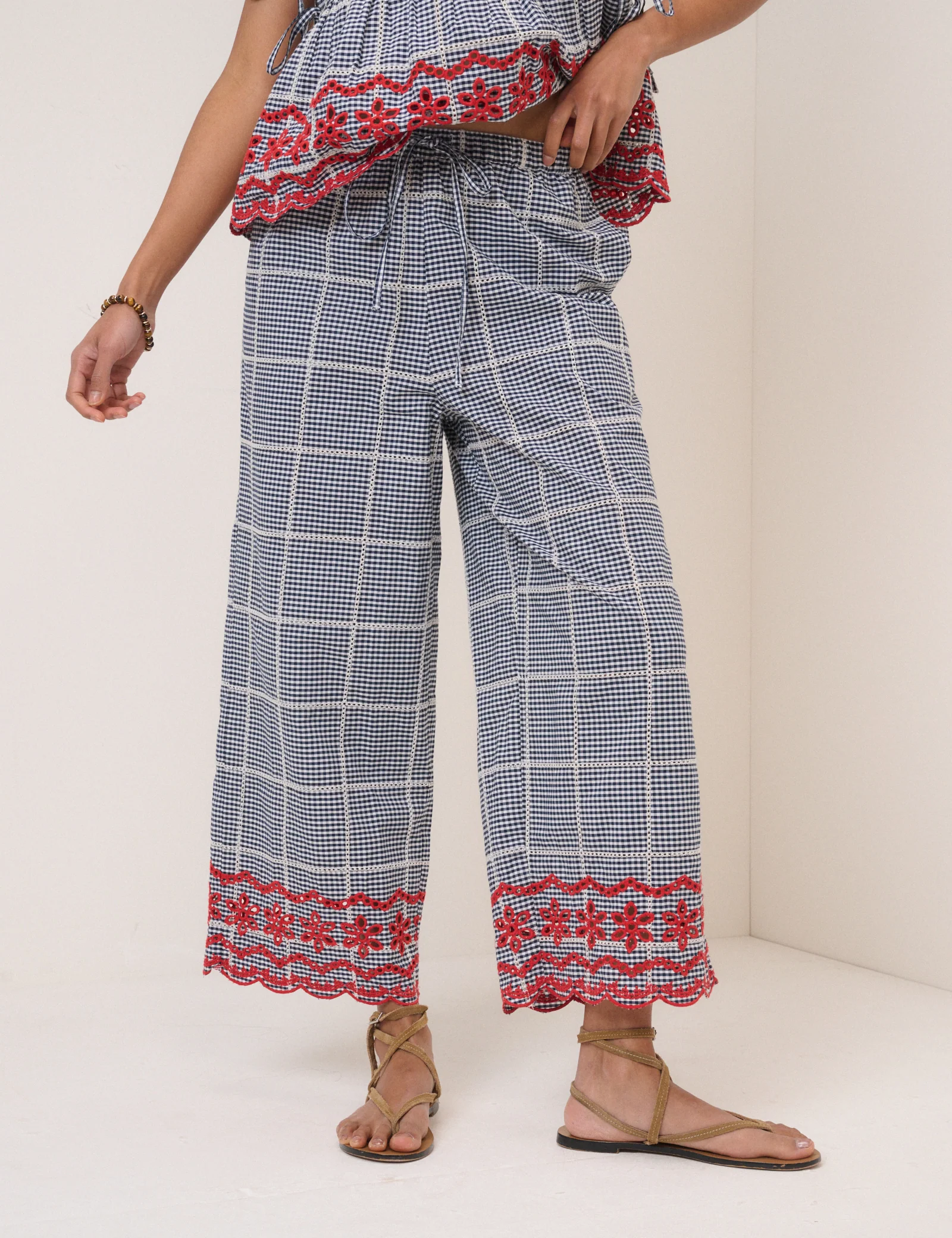 Black Gingham Embroidered Cropped Trousers - Image 3