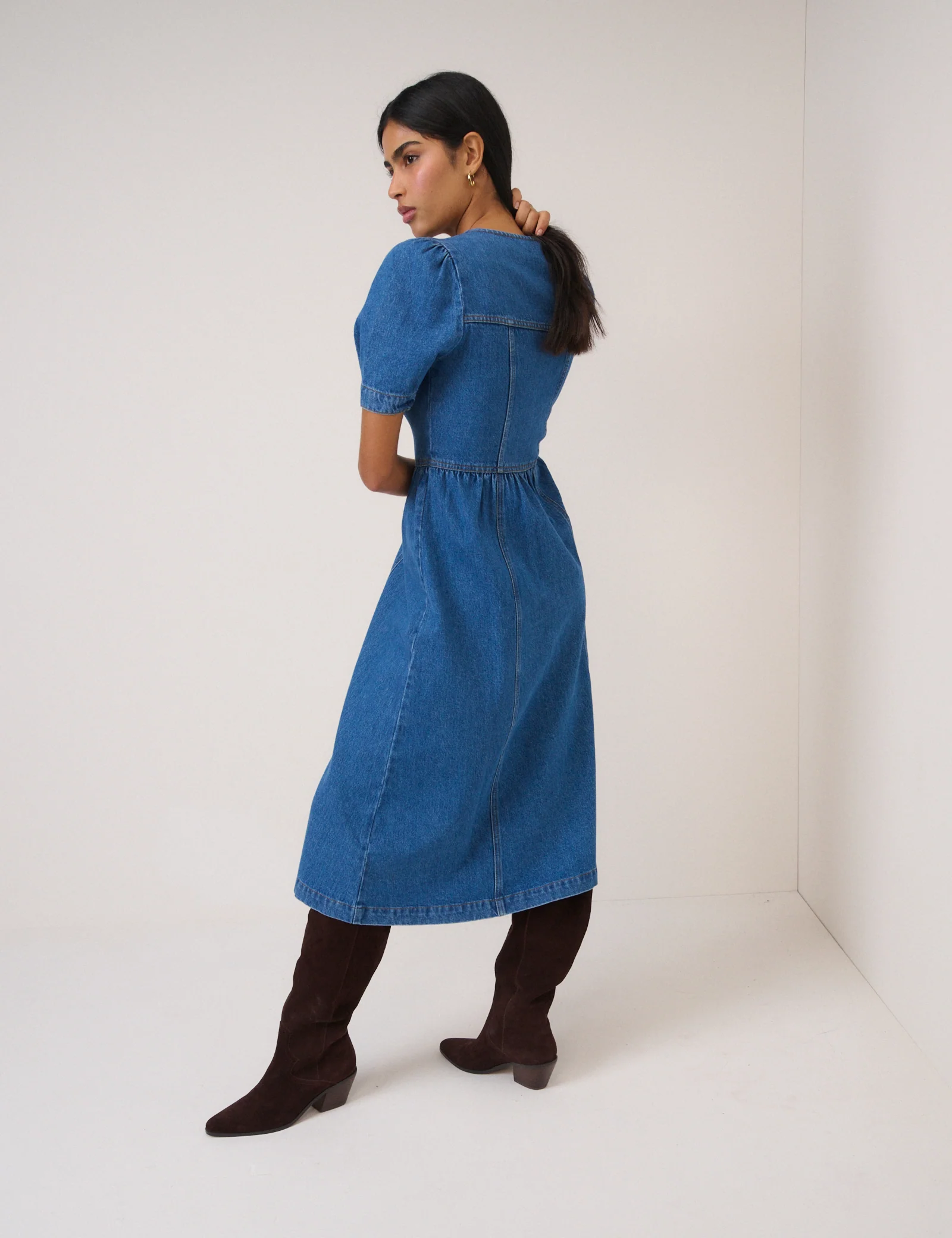 Blue Denim Puff Sleeve Sienna Midi Dress - Image 5