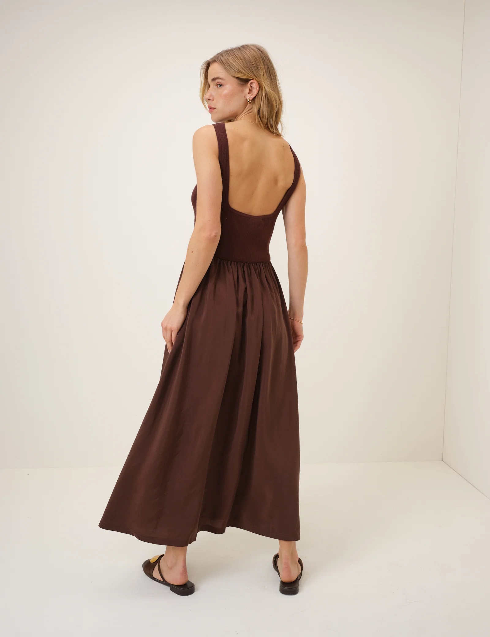 Brown Slash Neck Knitted Bodice Dress - Image 2