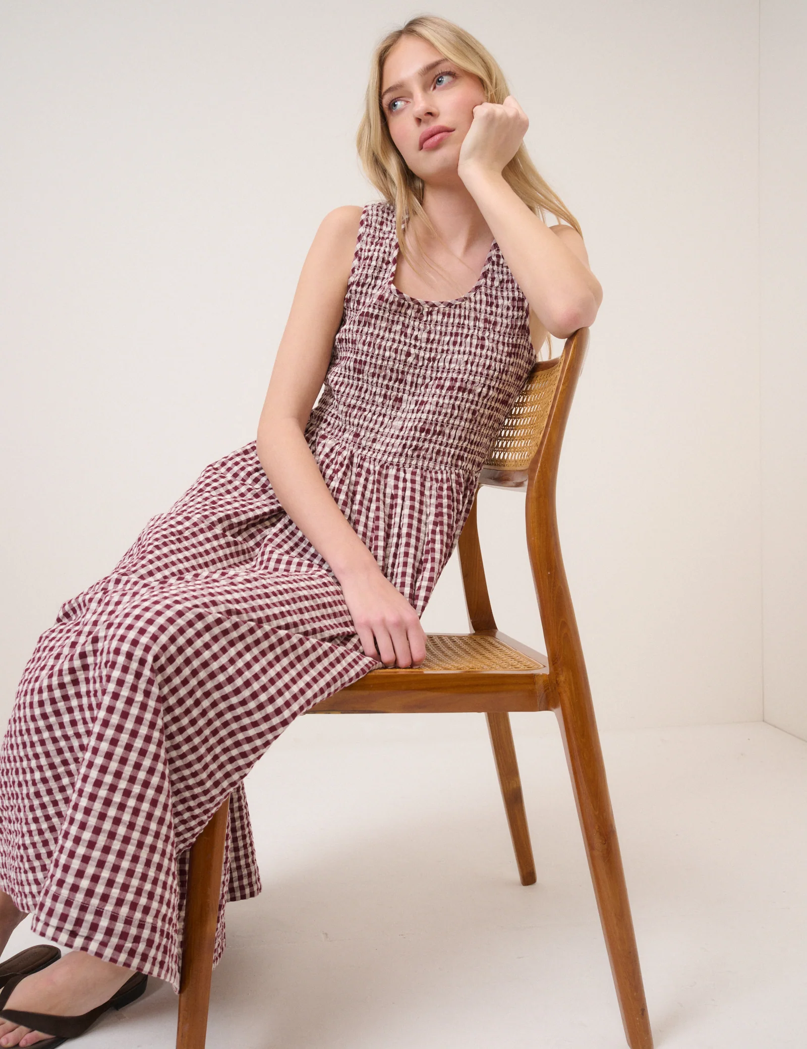 Burgundy Gingham Shirred Kinsley Midi Dress - Image 6