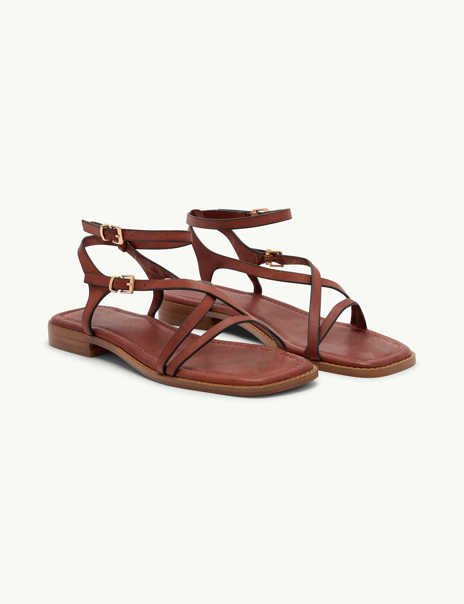 Brown Leather Square Toe Strappy Sandals