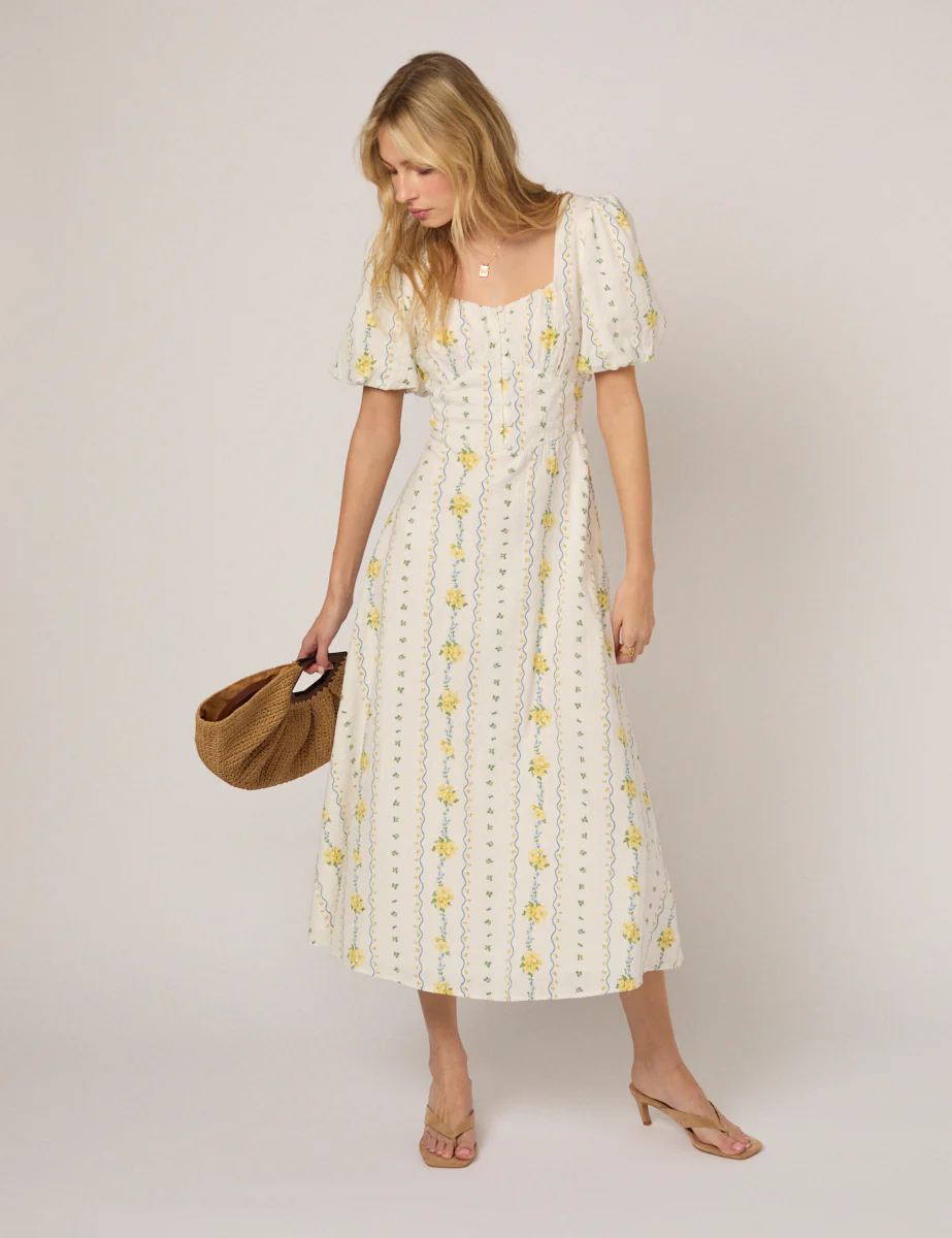 White Floral Puff Sleeve Melody Midi Dress