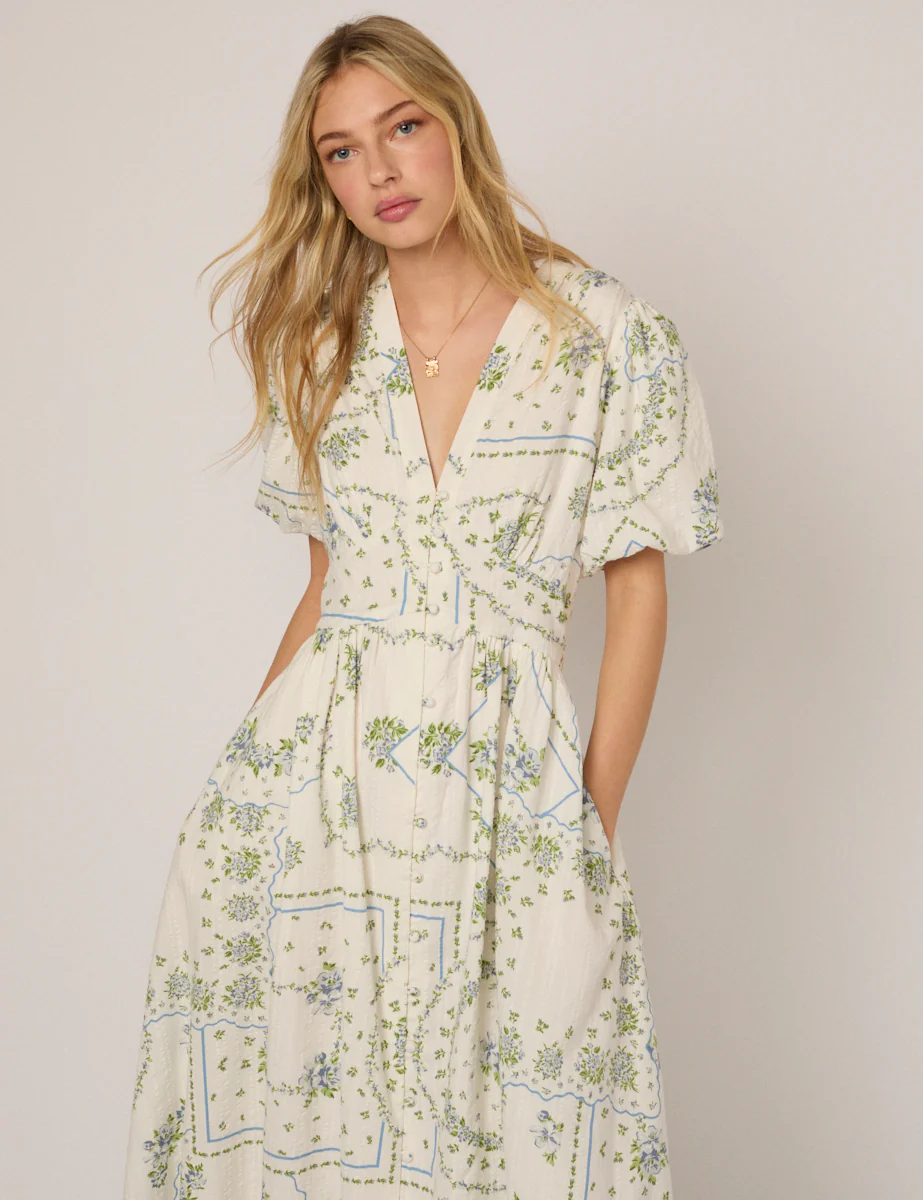 White Short Sleeve Floral Starlight Midi Dress - Image 2
