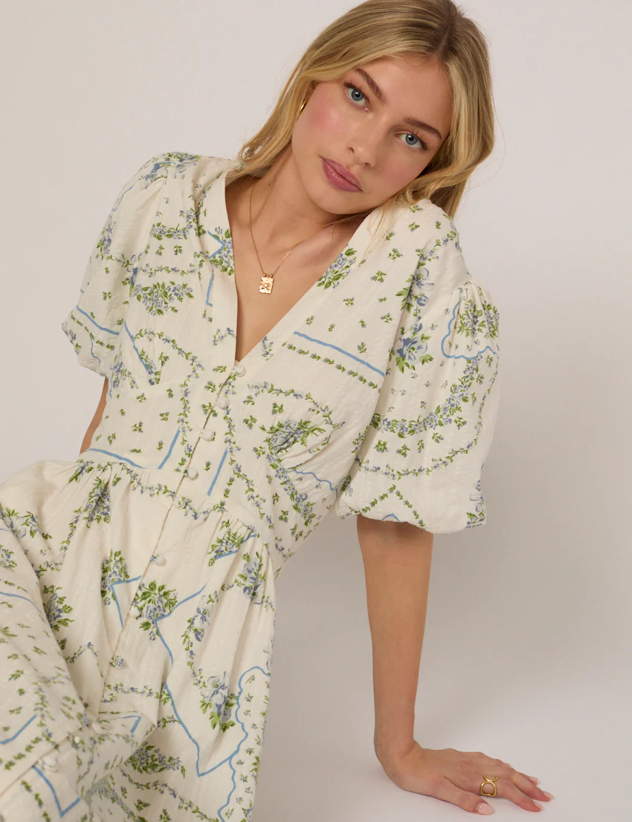 White Short Sleeve Floral Starlight Midi Dress - Image 4