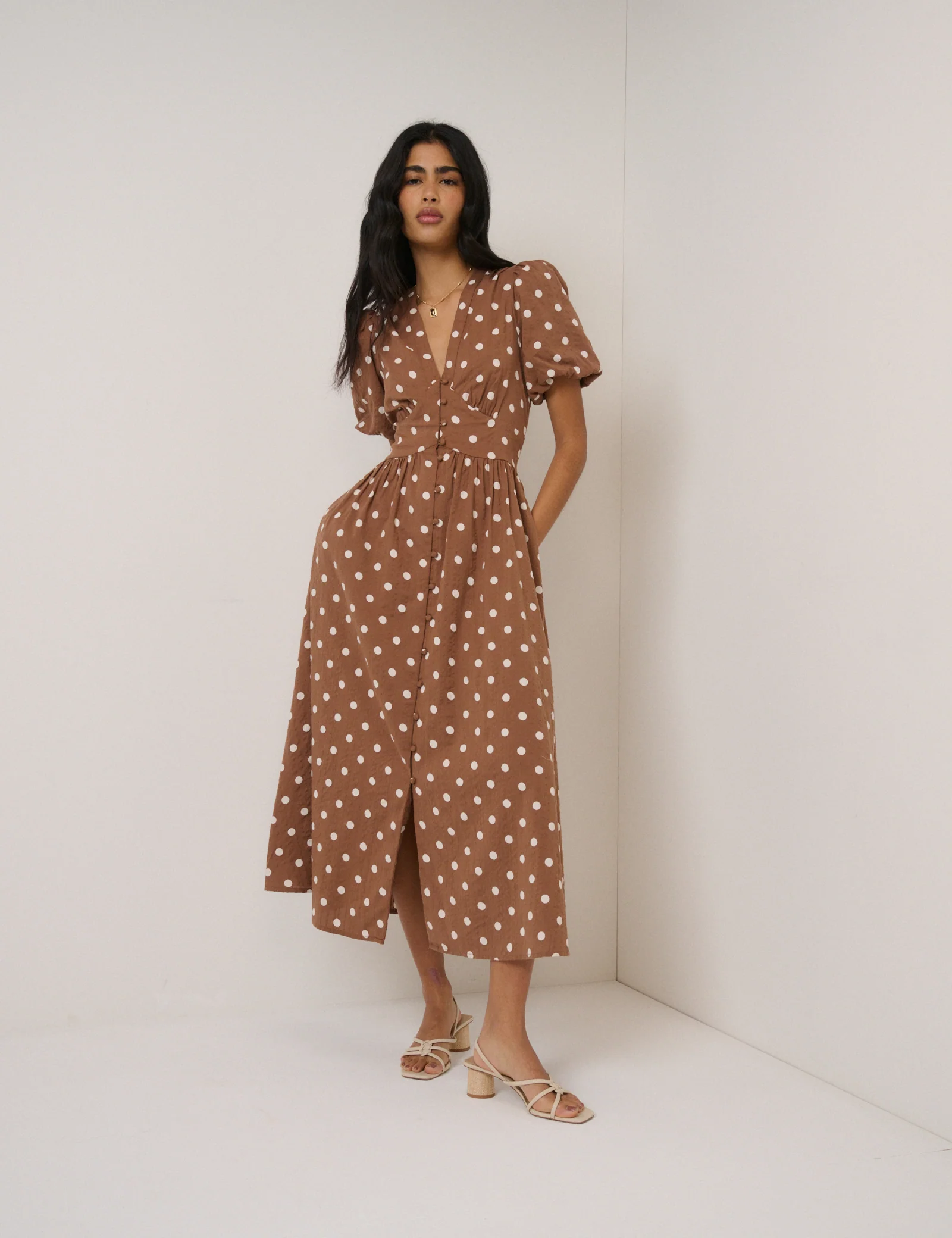 Brown Polka Dot Starlight Midi Dress - Image 3