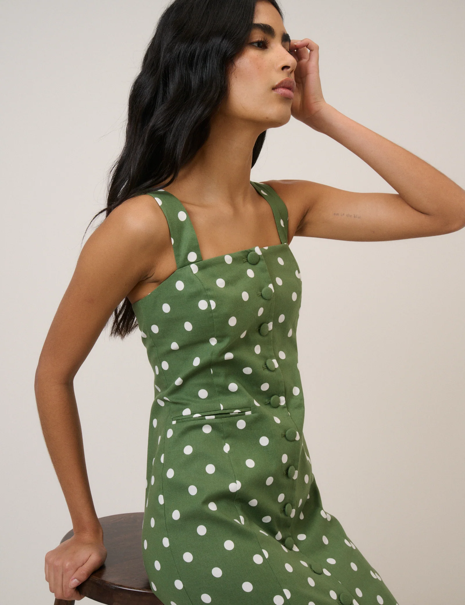 Green Polka Dot Strappy Tailored Dress - Image 3