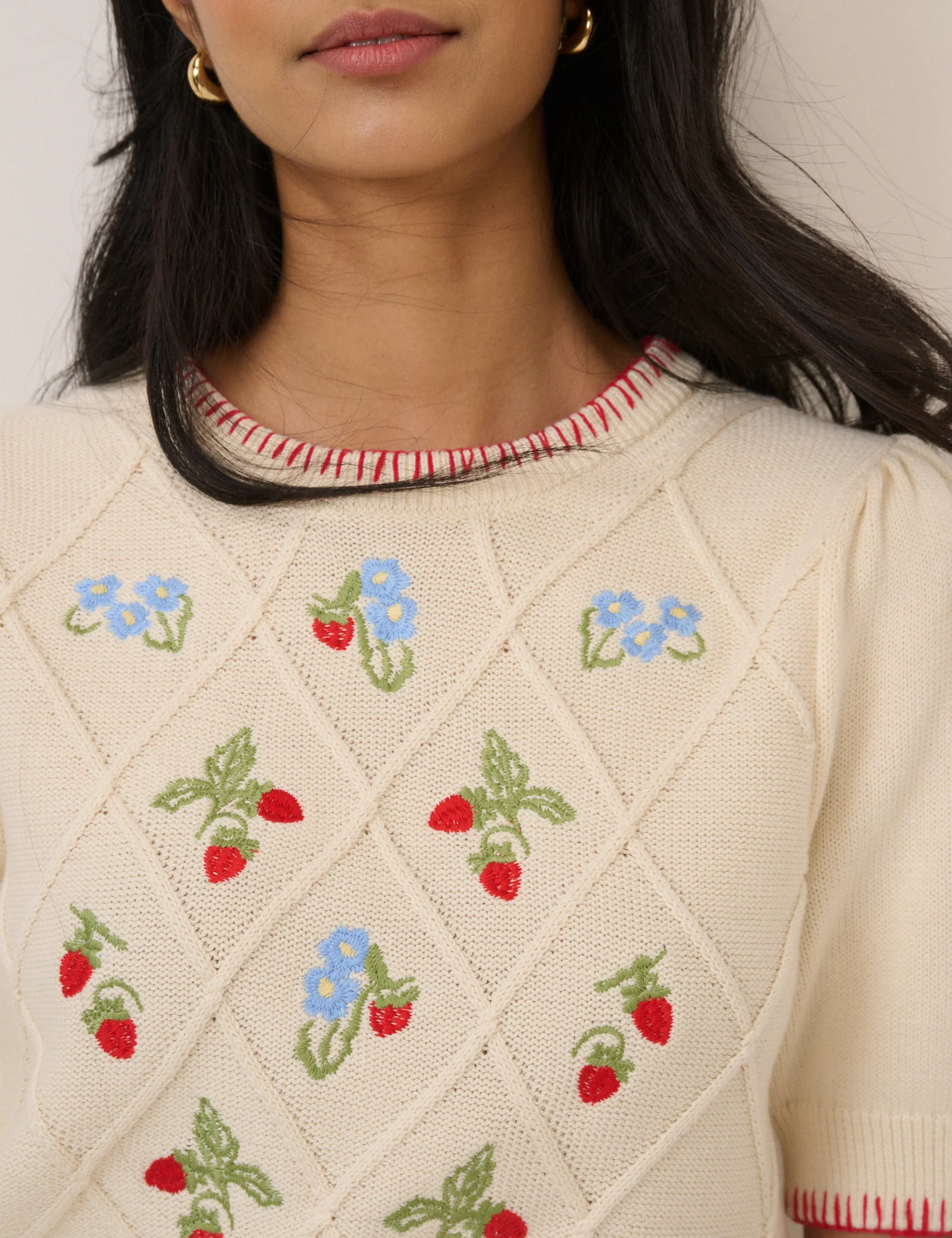 Cream Strawberry Embroidered Knitted T-Shirt - Image 2