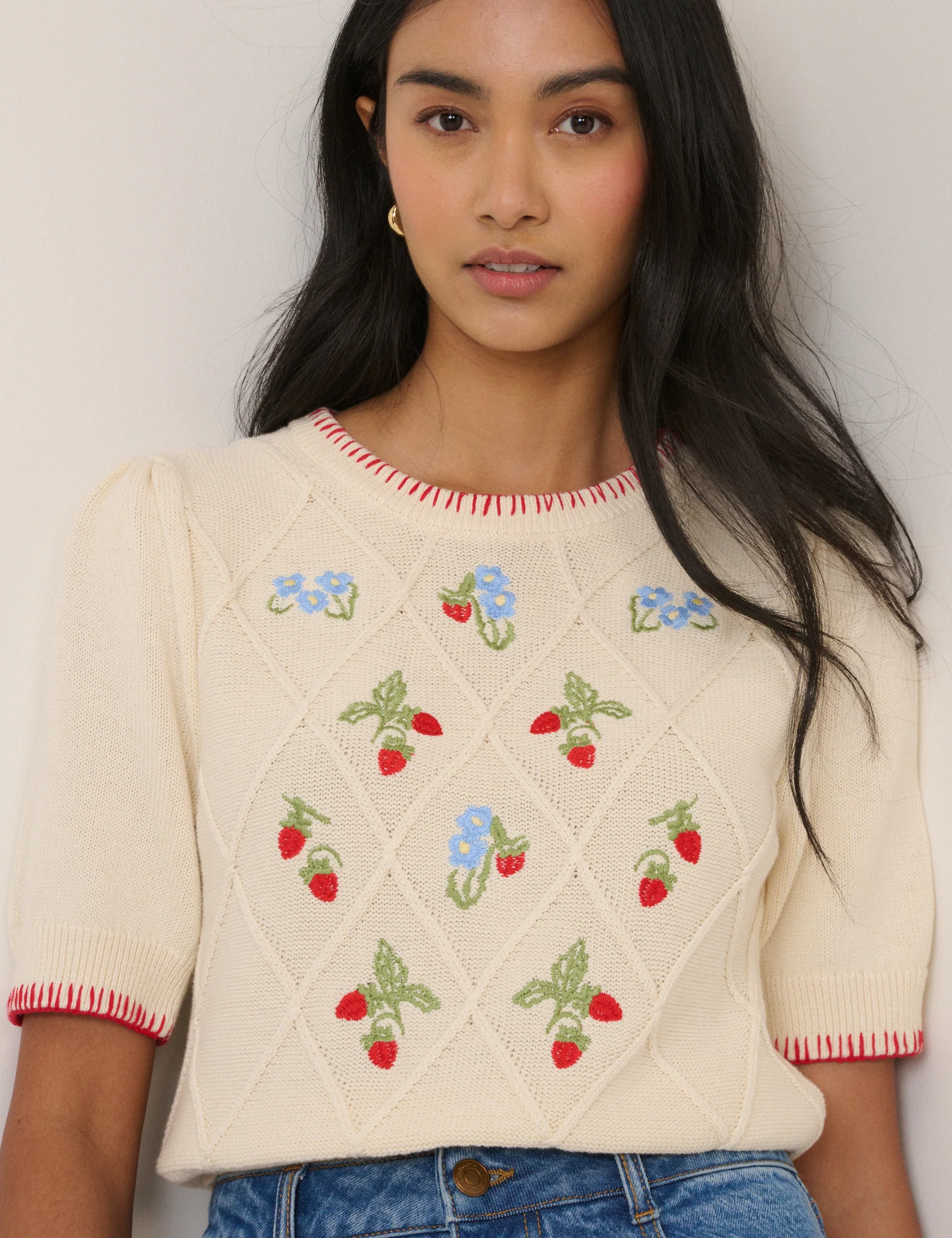 Cream Strawberry Embroidered Knitted T-Shirt - Image 4