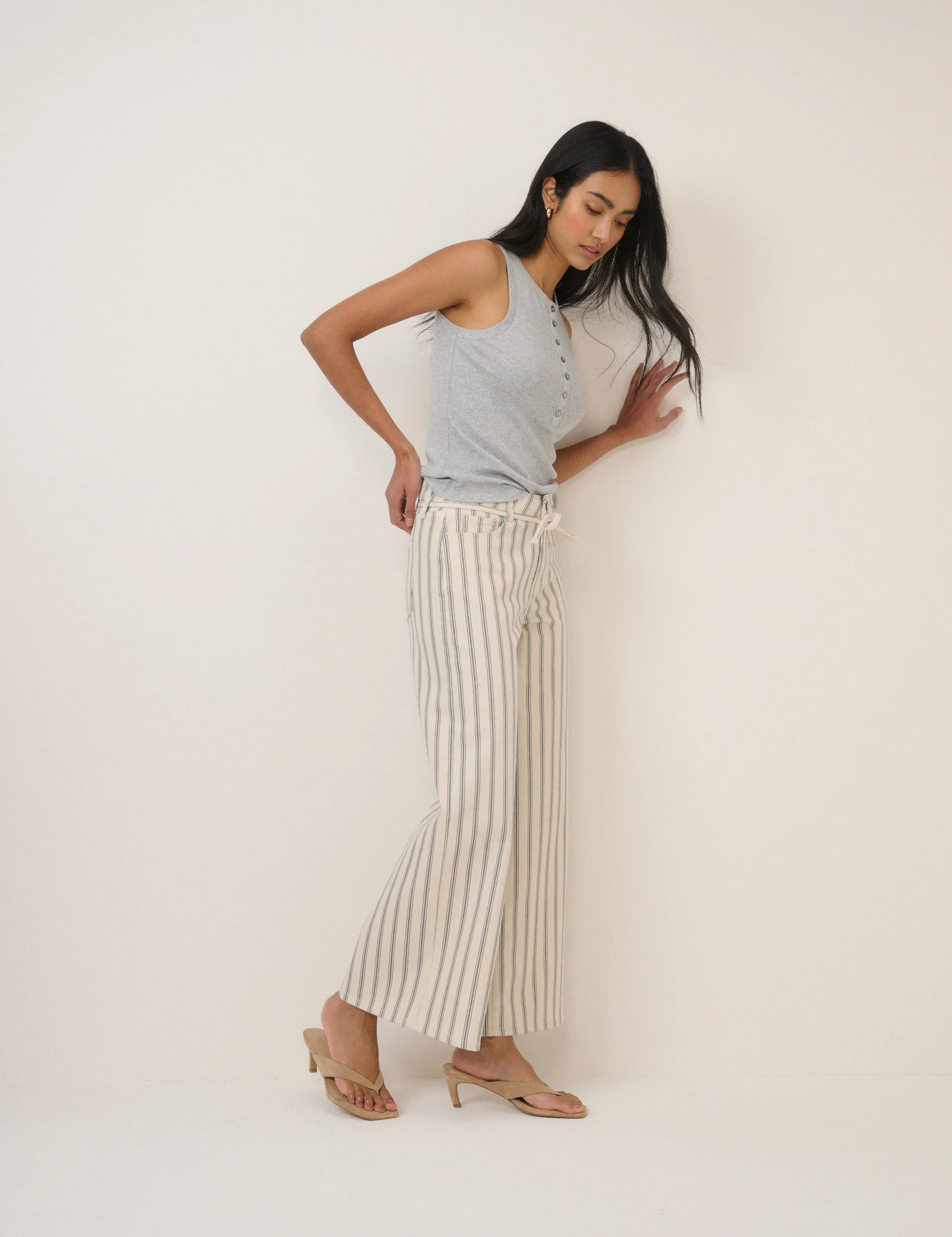 Ecru Striped Cropped Soho Wide Jeans - Image 4