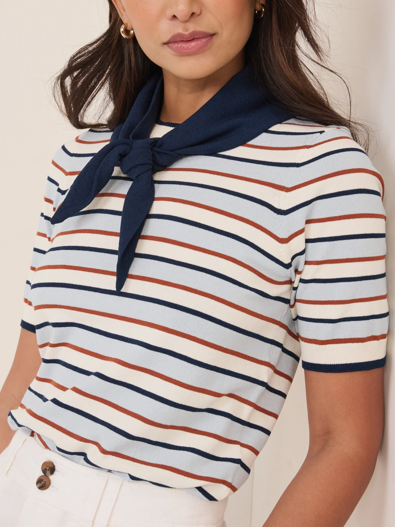 Blue Striped Tie Neck T-Shirt - Image 3