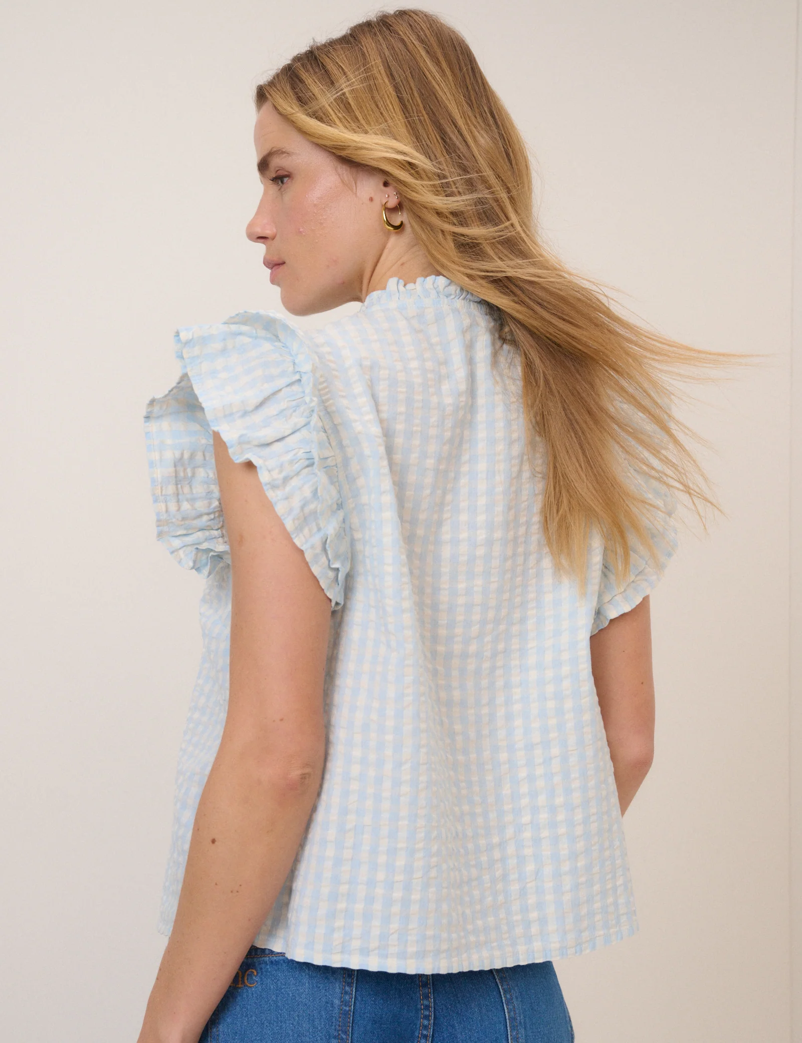 Blue Gingham Tie Front Blouse - Image 5