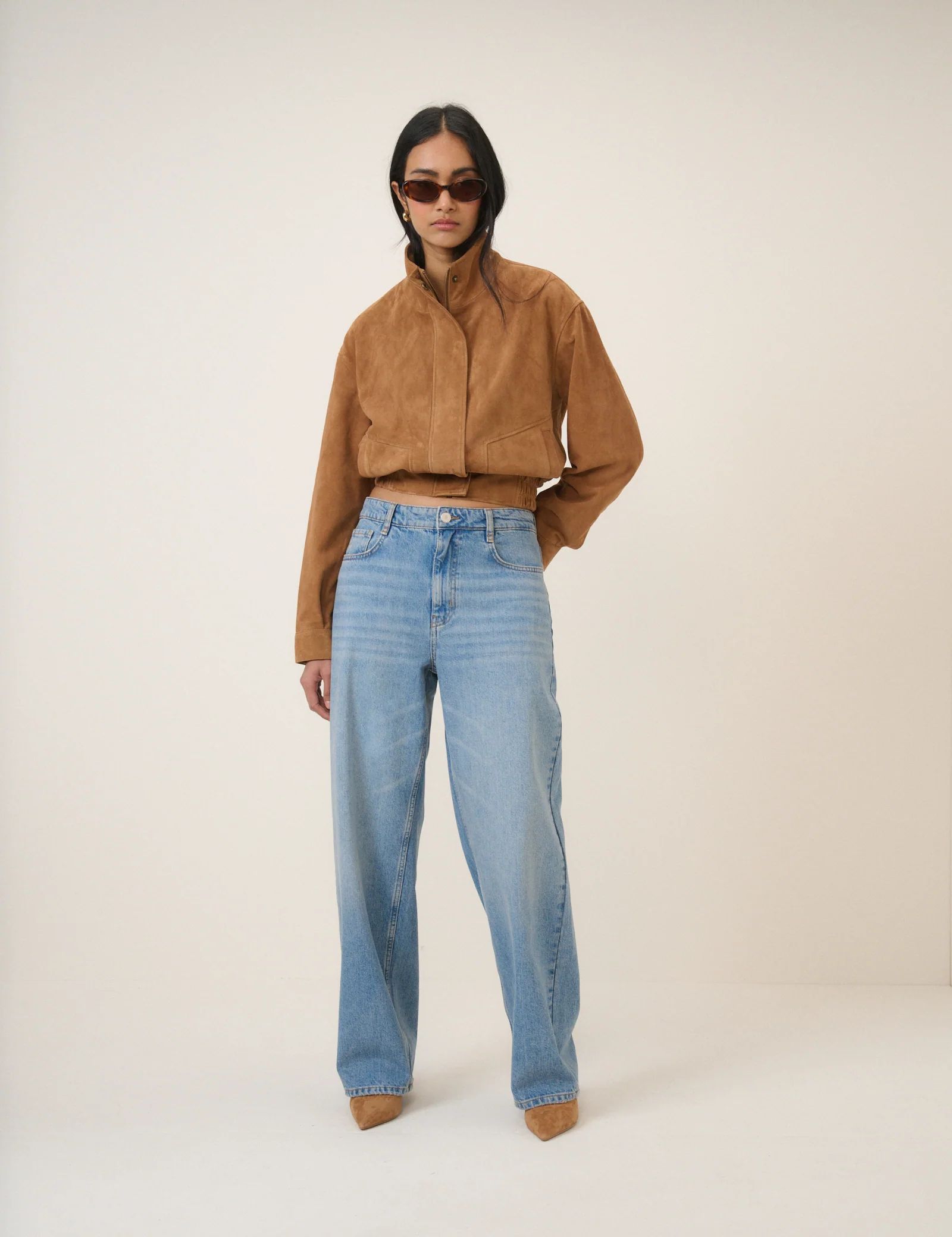 Brown Funnel Neck Suede Bomber - Image 3