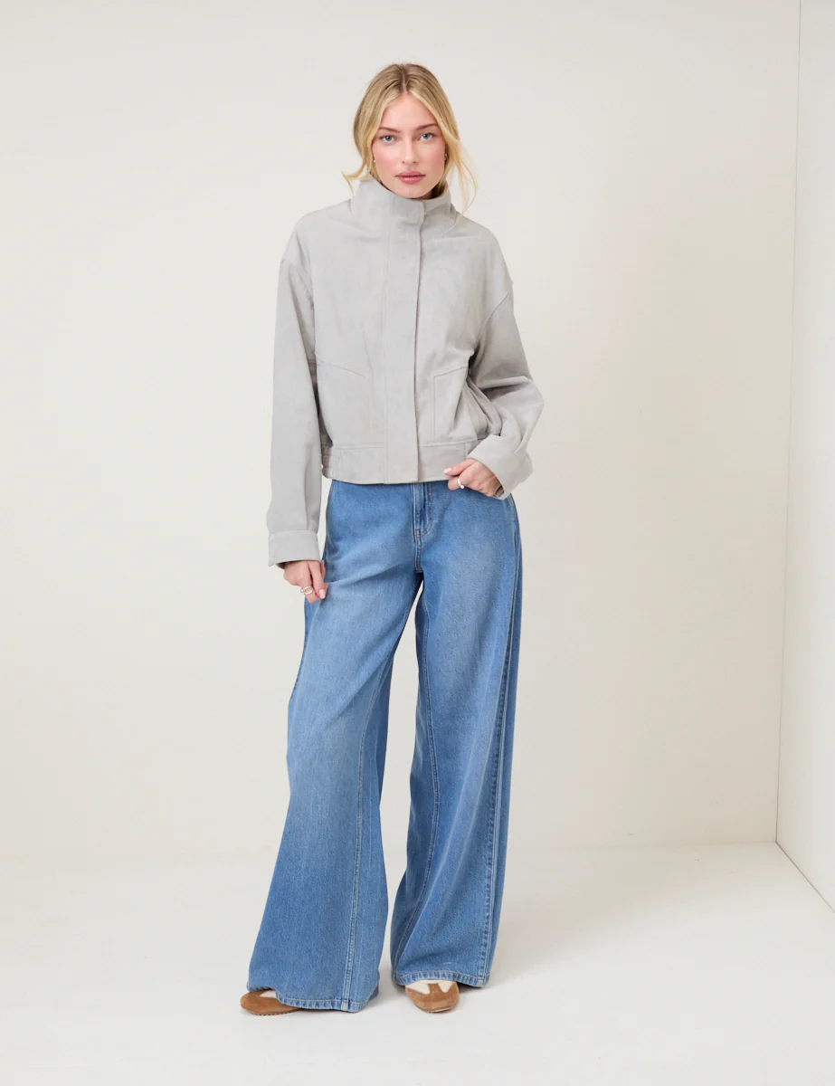 Grey Funnel Neck Suede Bomber