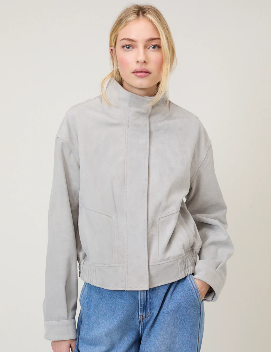 Grey Funnel Neck Suede Bomber - Image 3