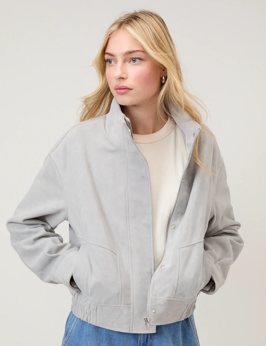 Grey Funnel Neck Suede Bomber - Image 4